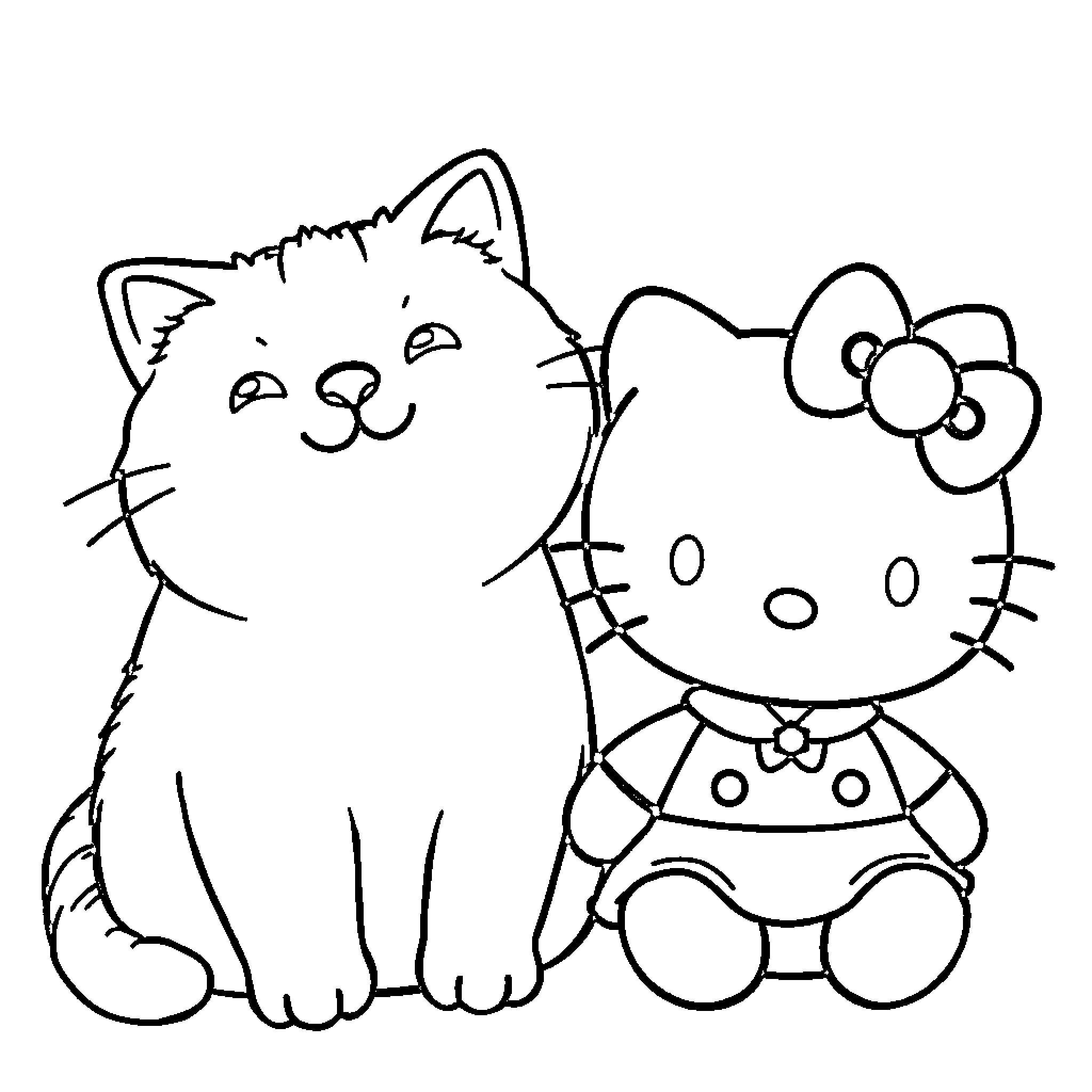 Pusheen and Hello Kitty enjoying each other's company Coloring Page (free black-and-white line drawing printable PDF for all, from beginners to advanced learners, including children, teens, adults, and seniors)