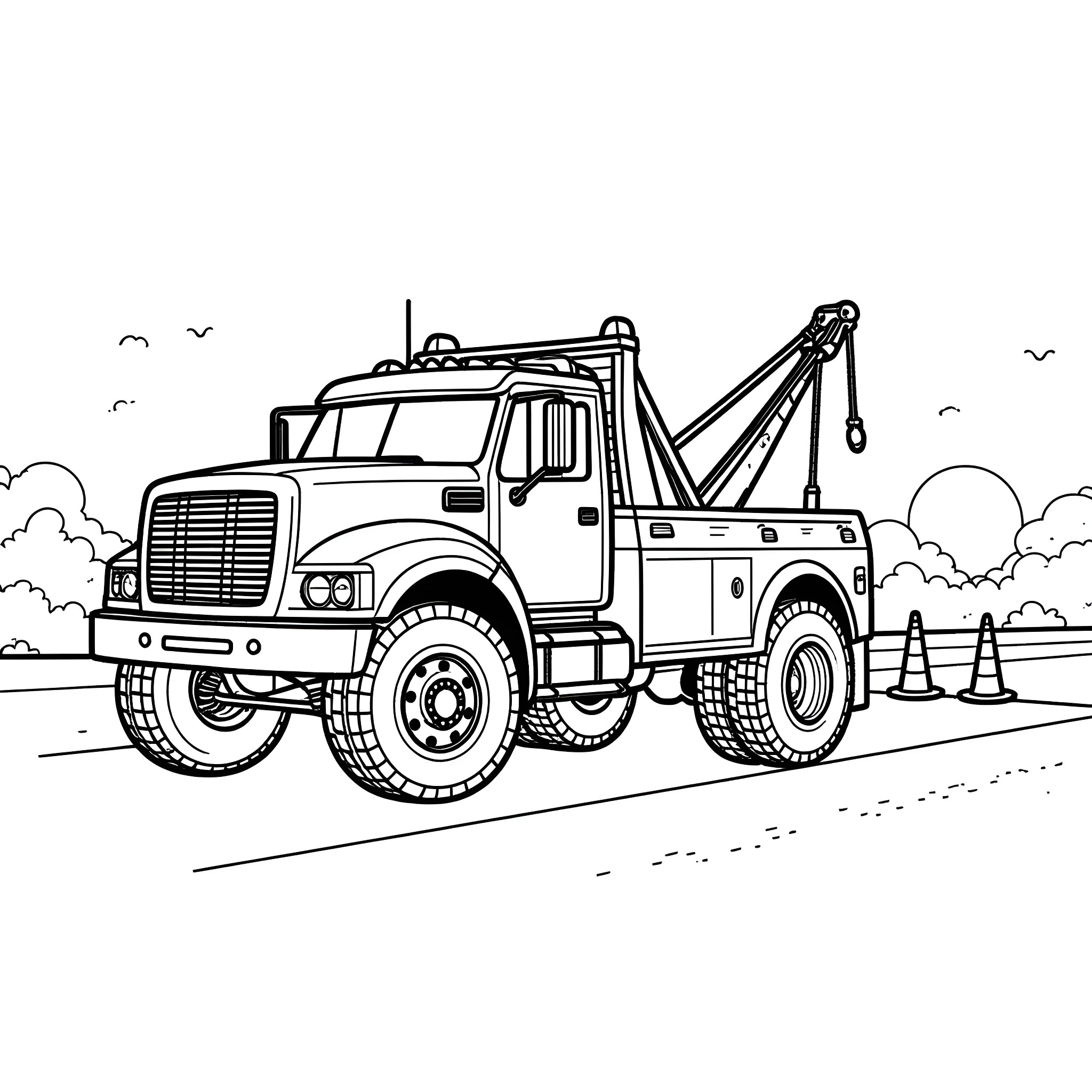 Wrecker Truck Towing Vehicle on the Road Coloring Page (free black-and-white line drawing printable PDF for all, from beginners to advanced learners, including children, teens, adults, and seniors)