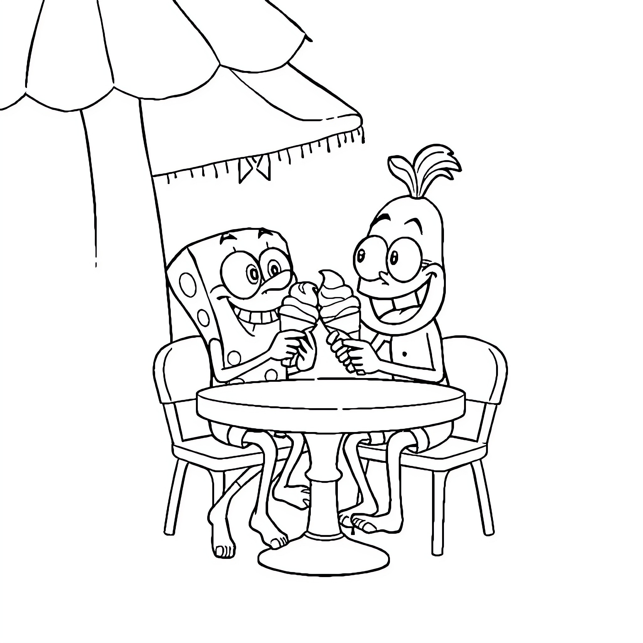 Bob esponja enjoying a day out with friends Coloring Page (free black-and-white line drawing printable PDF for all, from beginners to advanced learners, including children, teens, adults, and seniors)
