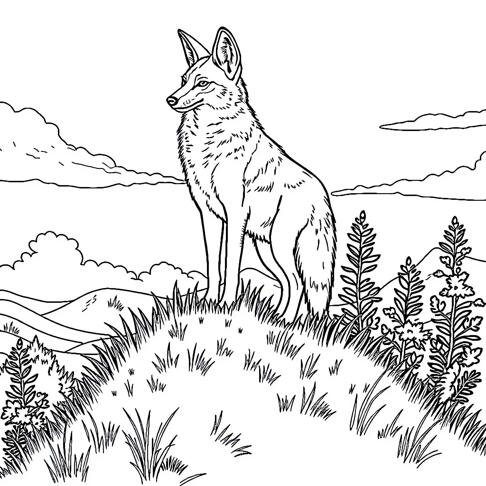 Aardwolf standing watchfully in scenic landscape Coloring Page (free black-and-white line drawing printable PDF for all, from beginners to advanced learners, including children, teens, adults, and seniors)