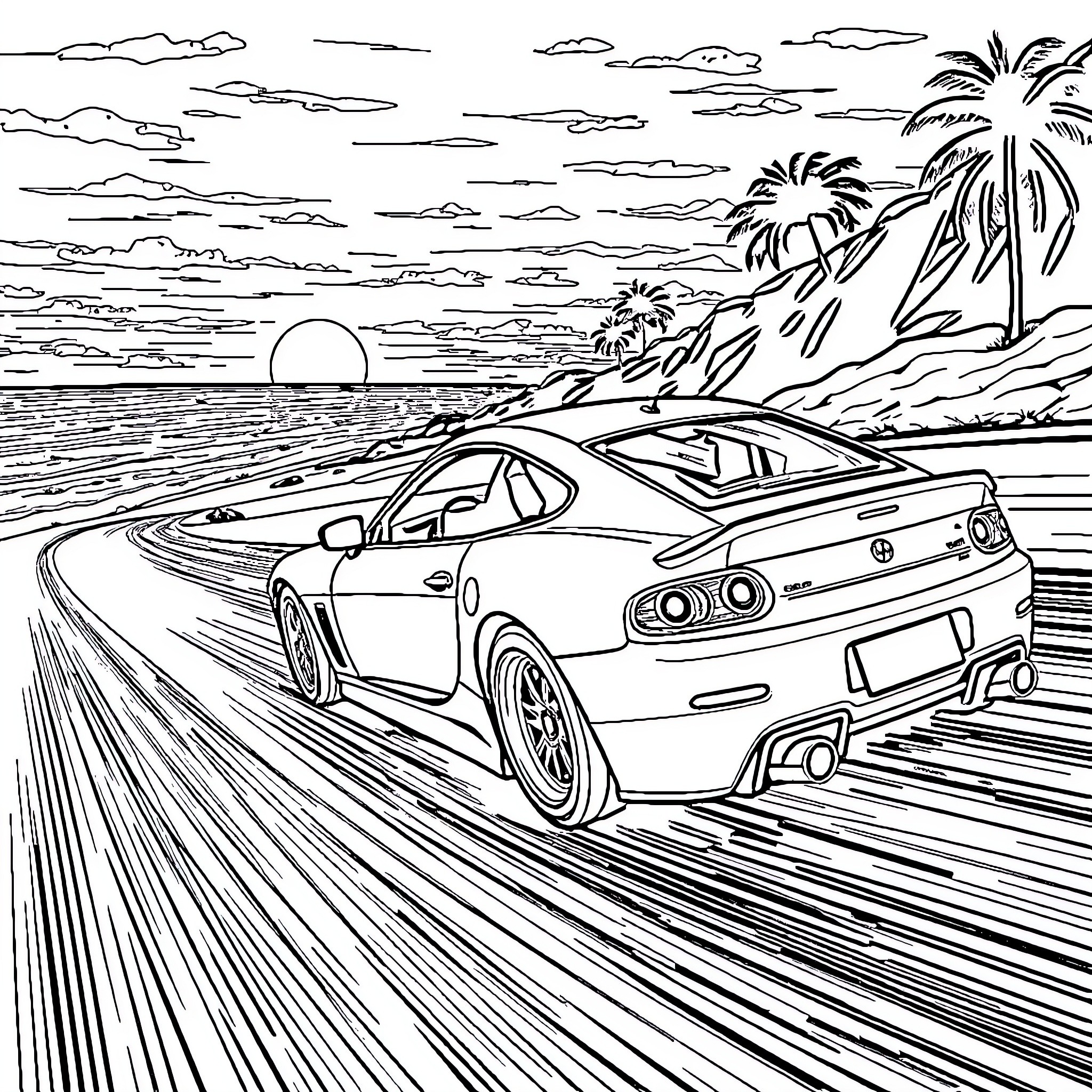 Car racing along beach at sunset Coloring Page (free black-and-white line drawing printable PDF for all, from beginners to advanced learners, including children, teens, adults, and seniors)