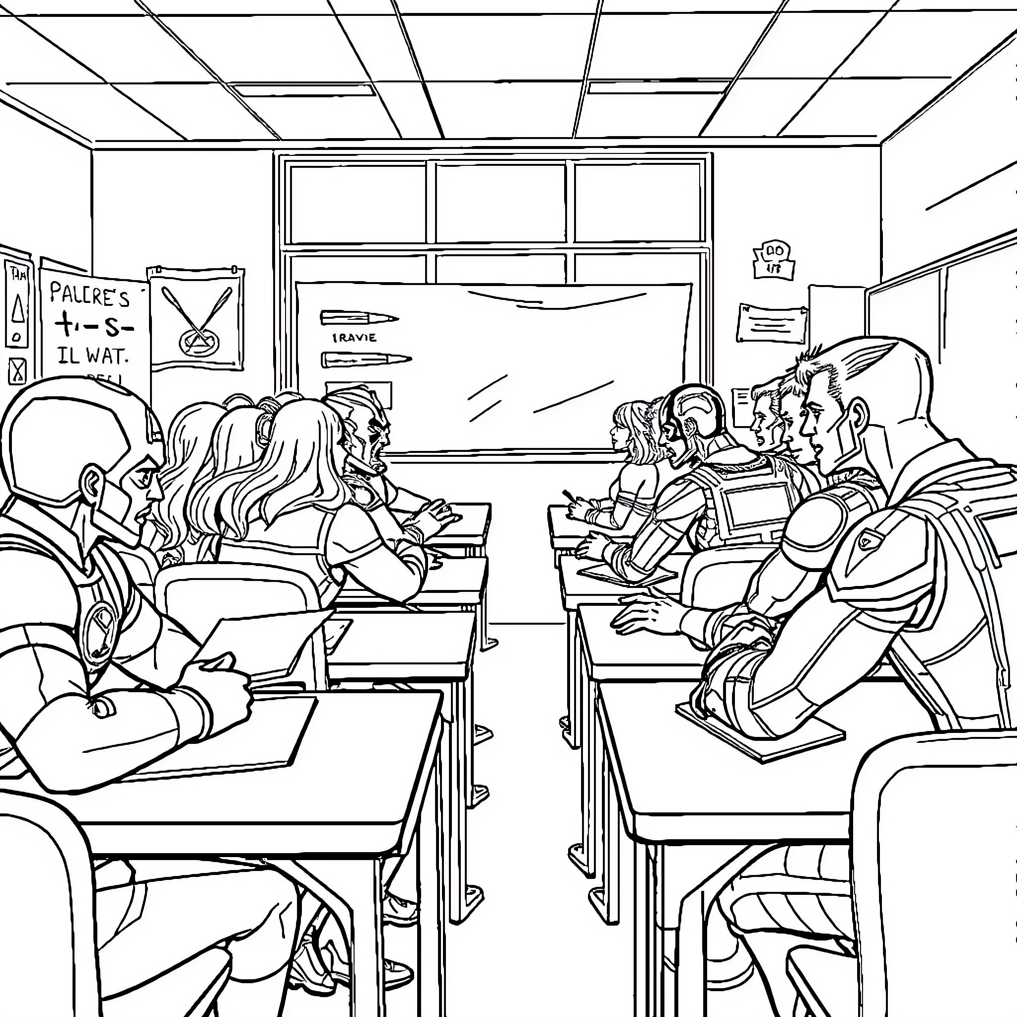 Avengers Assemble in Classroom Scene Coloring Page (free black-and-white line drawing printable PDF for all, from beginners to advanced learners, including children, teens, adults, and seniors)