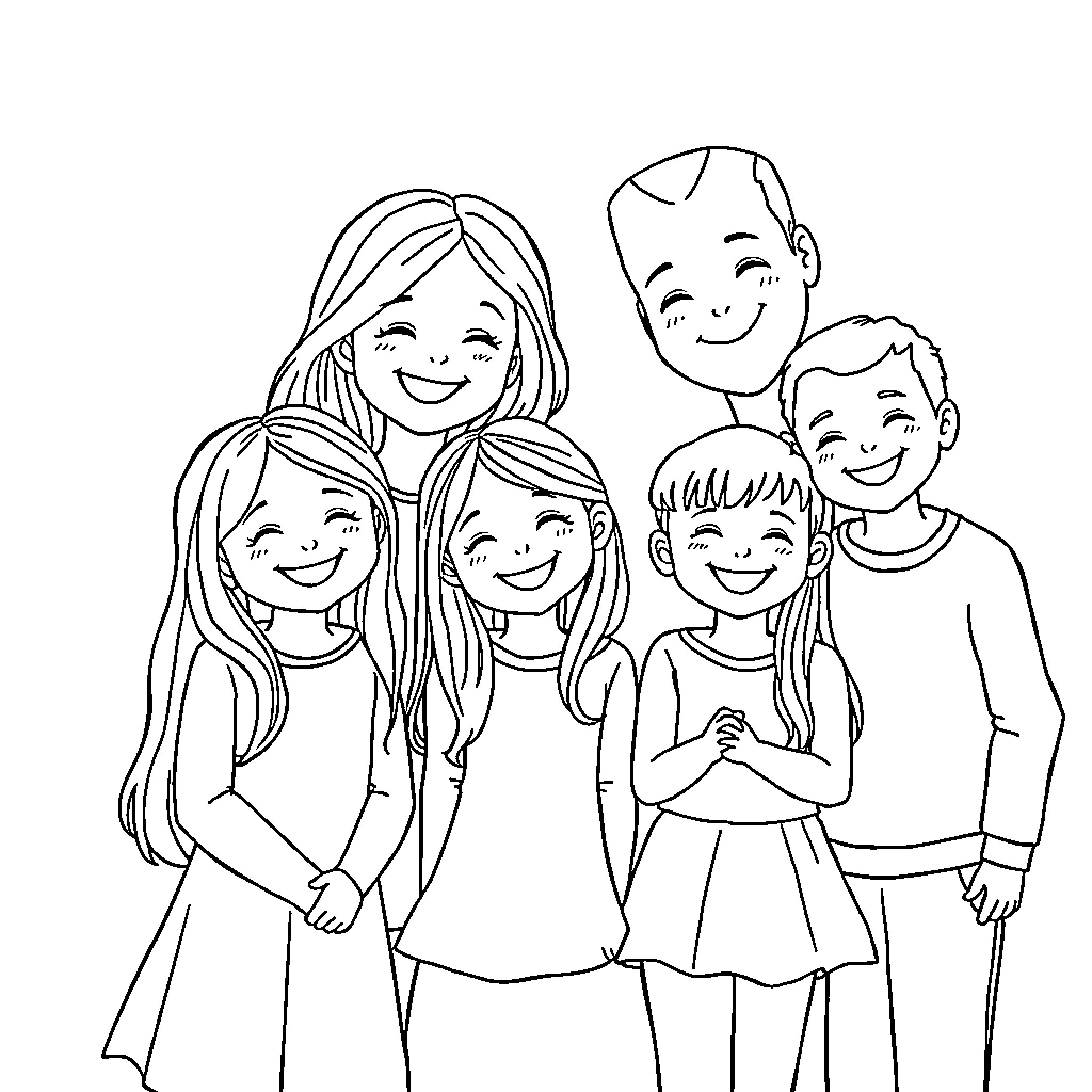 Family Portrait of Smiling Loved Ones Coloring Page (free black-and-white line drawing printable PDF for all, from beginners to advanced learners, including children, teens, adults, and seniors)