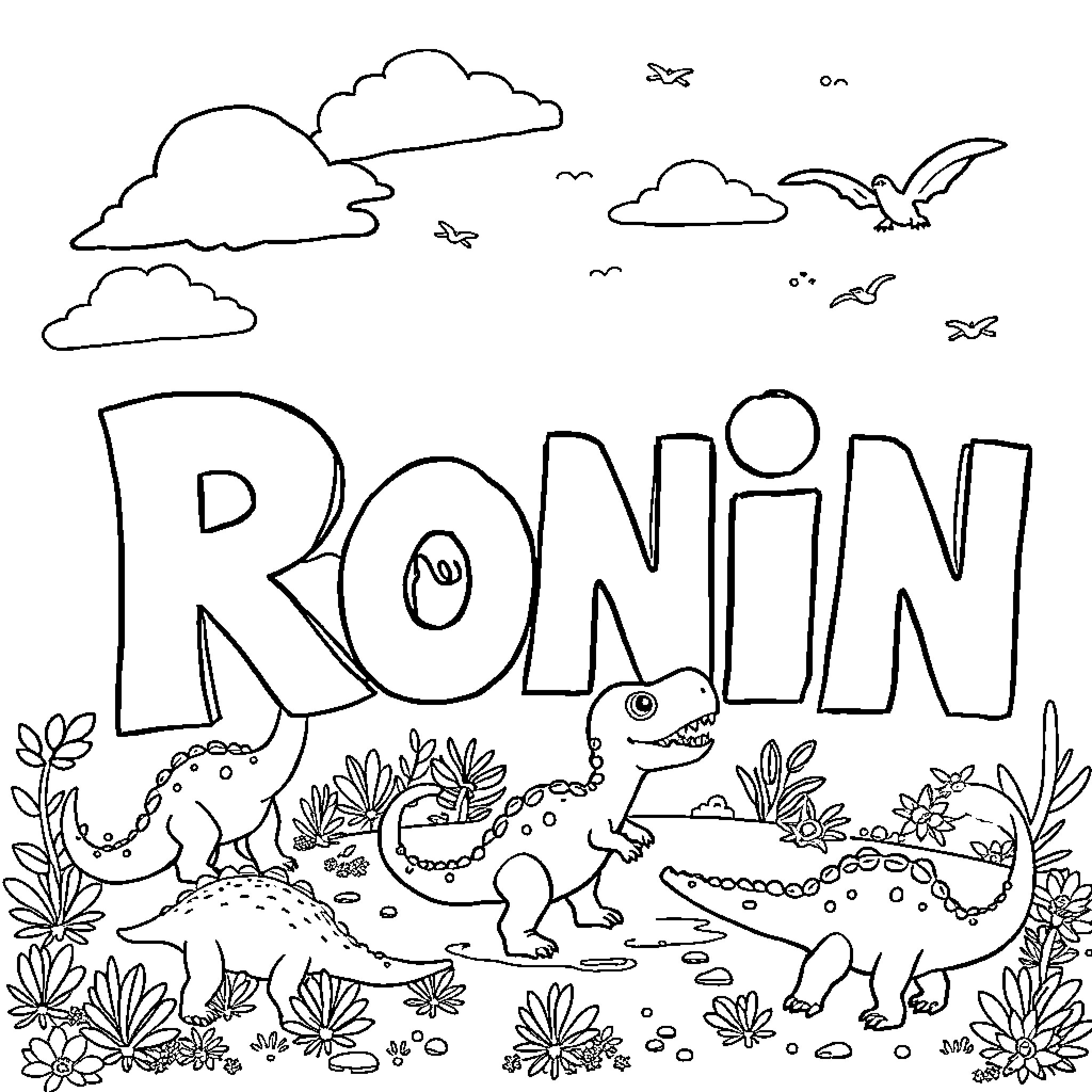 Ronin Dinosaurs in a Whimsical Landscape Coloring Page (free black-and-white line drawing printable PDF for all, from beginners to advanced learners, including children, teens, adults, and seniors)
