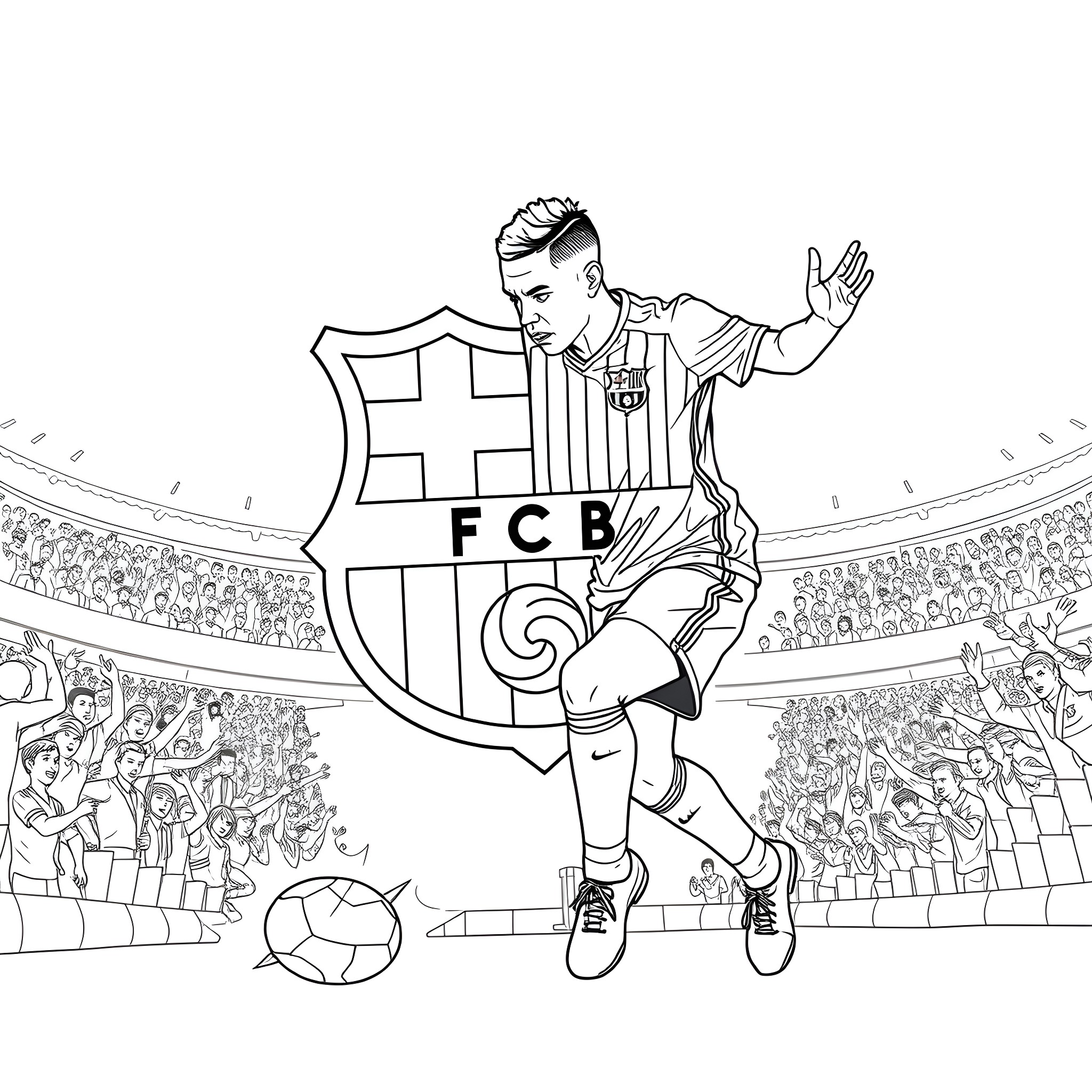Kylian Mbappe celebrating football victory on the field Coloring Page (free black-and-white line drawing printable PDF for all, from beginners to advanced learners, including children, teens, adults, and seniors)