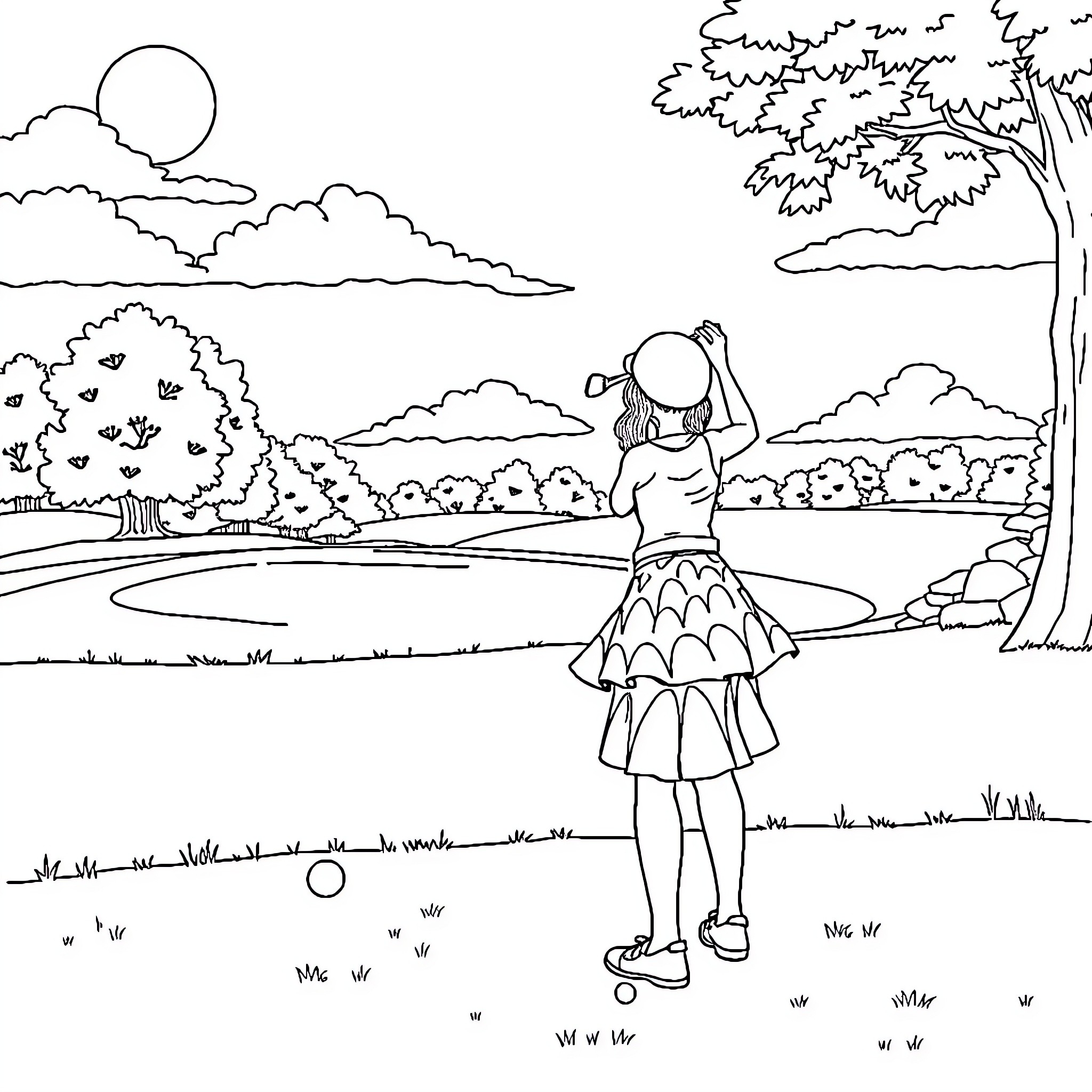 Girl admiring the scenic landscape Coloring Page (free black-and-white line drawing printable PDF for all, from beginners to advanced learners, including children, teens, adults, and seniors)