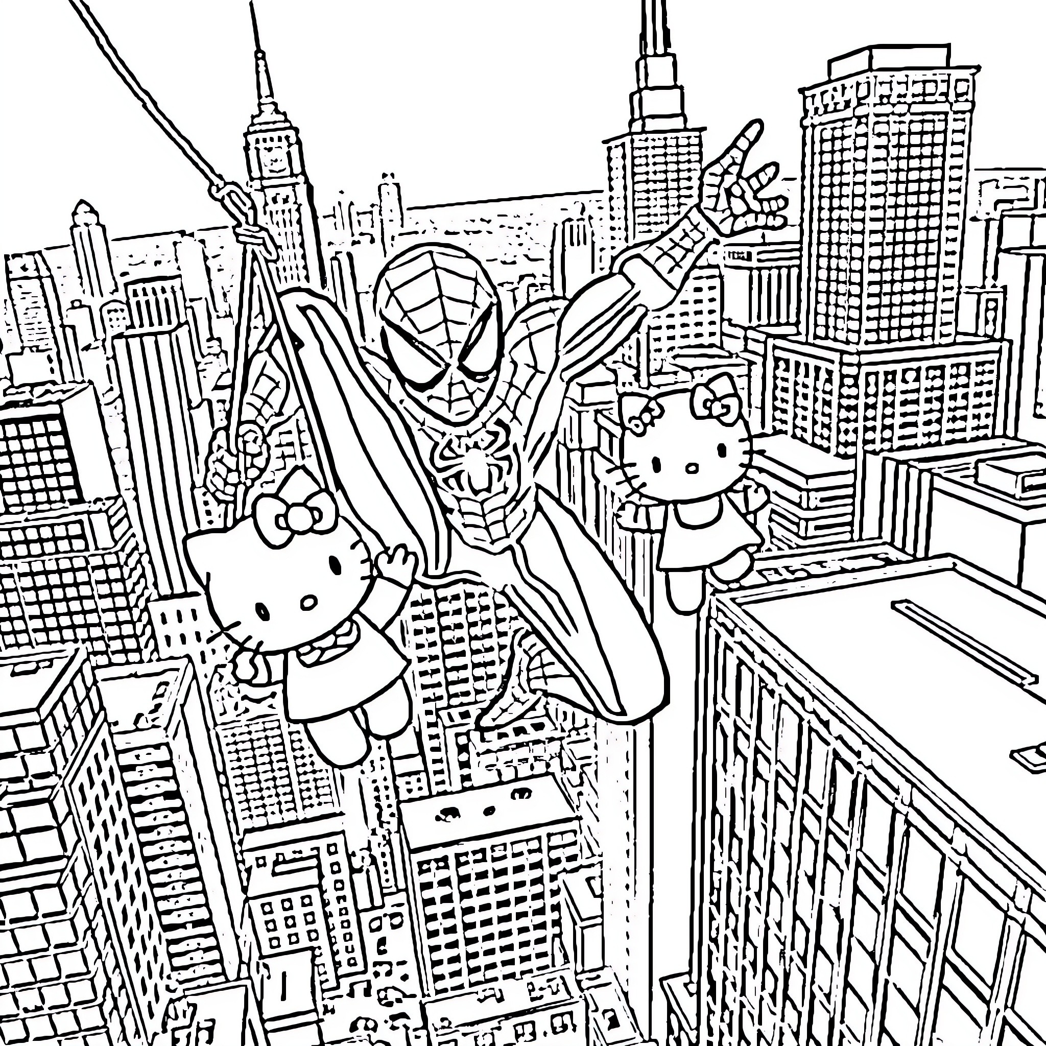 Spider-Man swinging through the city with Hello Kitty Coloring Page (free black-and-white line drawing printable PDF for all, from beginners to advanced learners, including children, teens, adults, and seniors)