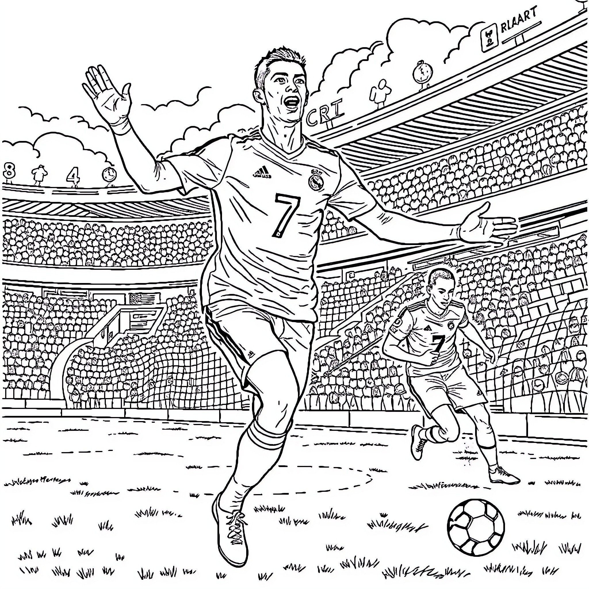 Cr7 Celebrating Football Victory in Stadium Coloring Page (free black-and-white line drawing printable PDF for all, from beginners to advanced learners, including children, teens, adults, and seniors)