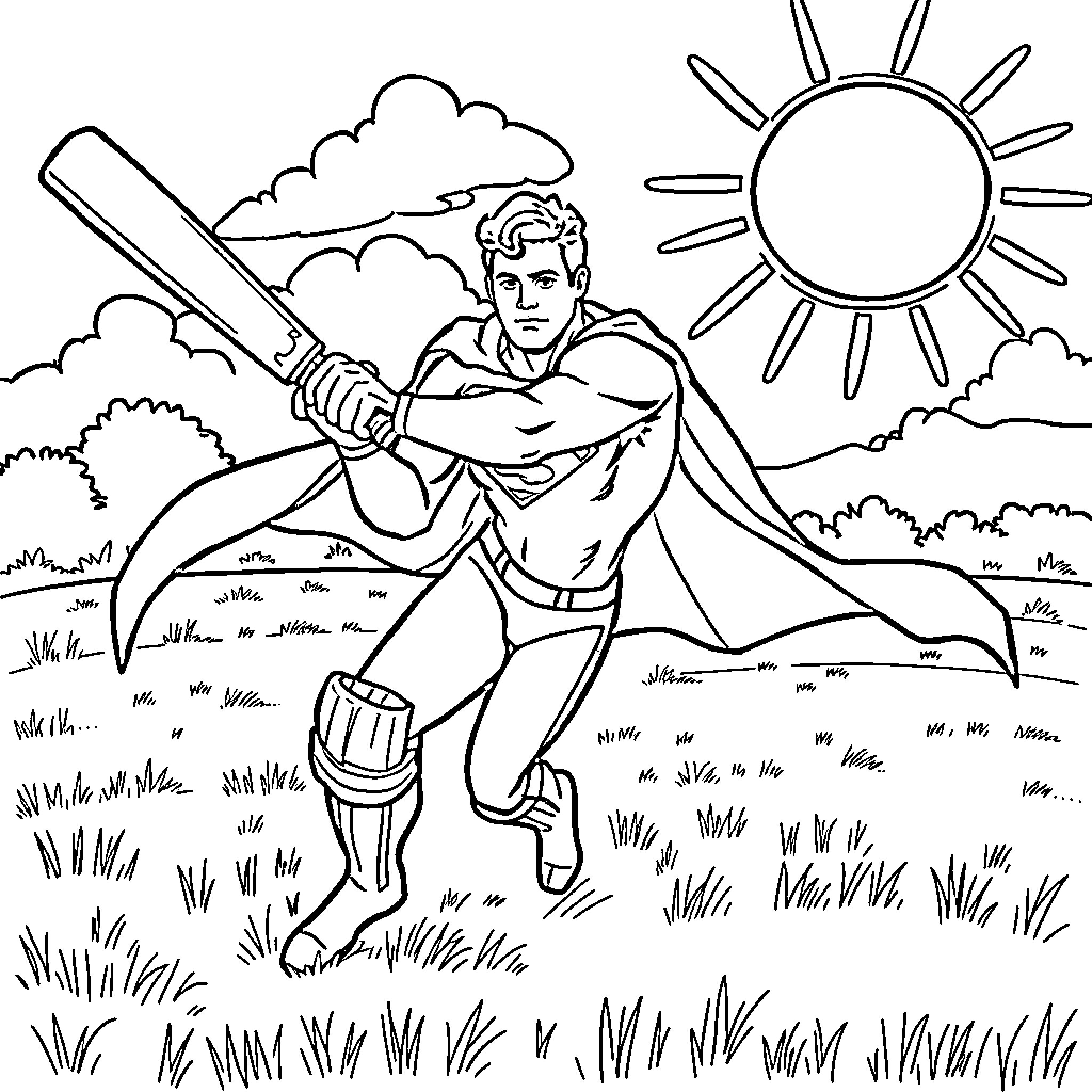 Superman Battling Heroically in Outdoor Scene Coloring Page (free black-and-white line drawing printable PDF for all, from beginners to advanced learners, including children, teens, adults, and seniors)
