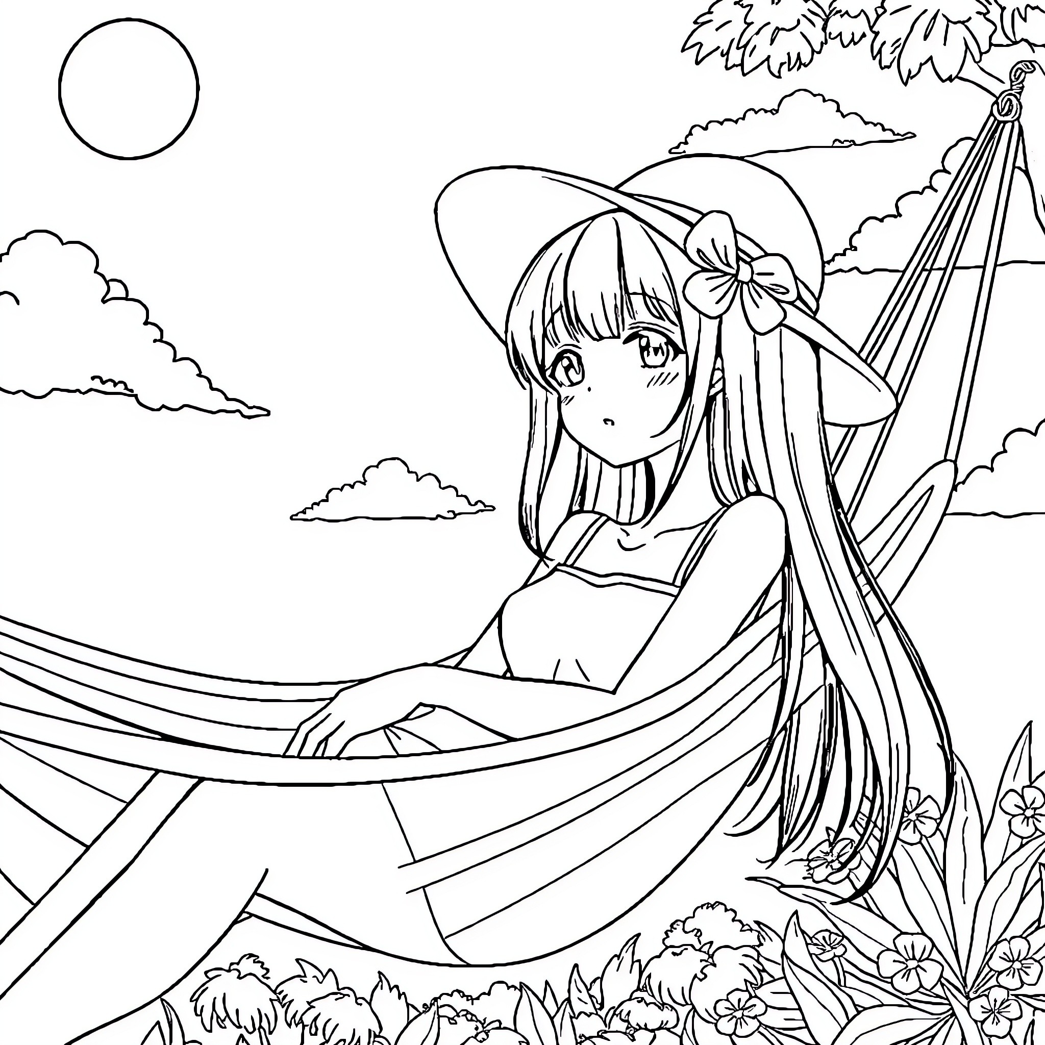 Anime Girl in a Hammock in a Scenic Landscape Coloring Page (free black-and-white line drawing printable PDF for all, from beginners to advanced learners, including children, teens, adults, and seniors)