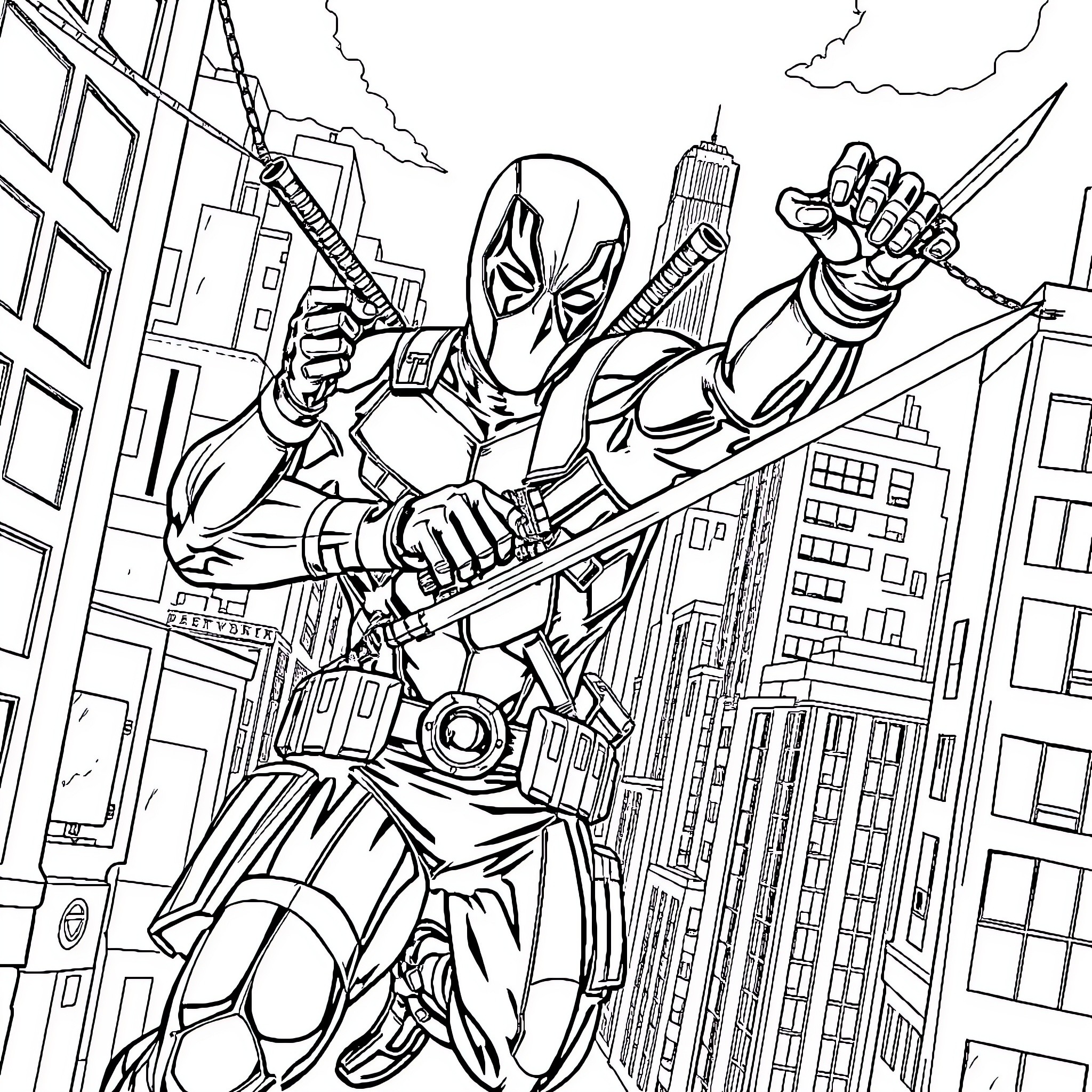 Deadpool Leaping in Action Across City Skyline Coloring Page (free black-and-white line drawing printable PDF for all, from beginners to advanced learners, including children, teens, adults, and seniors)