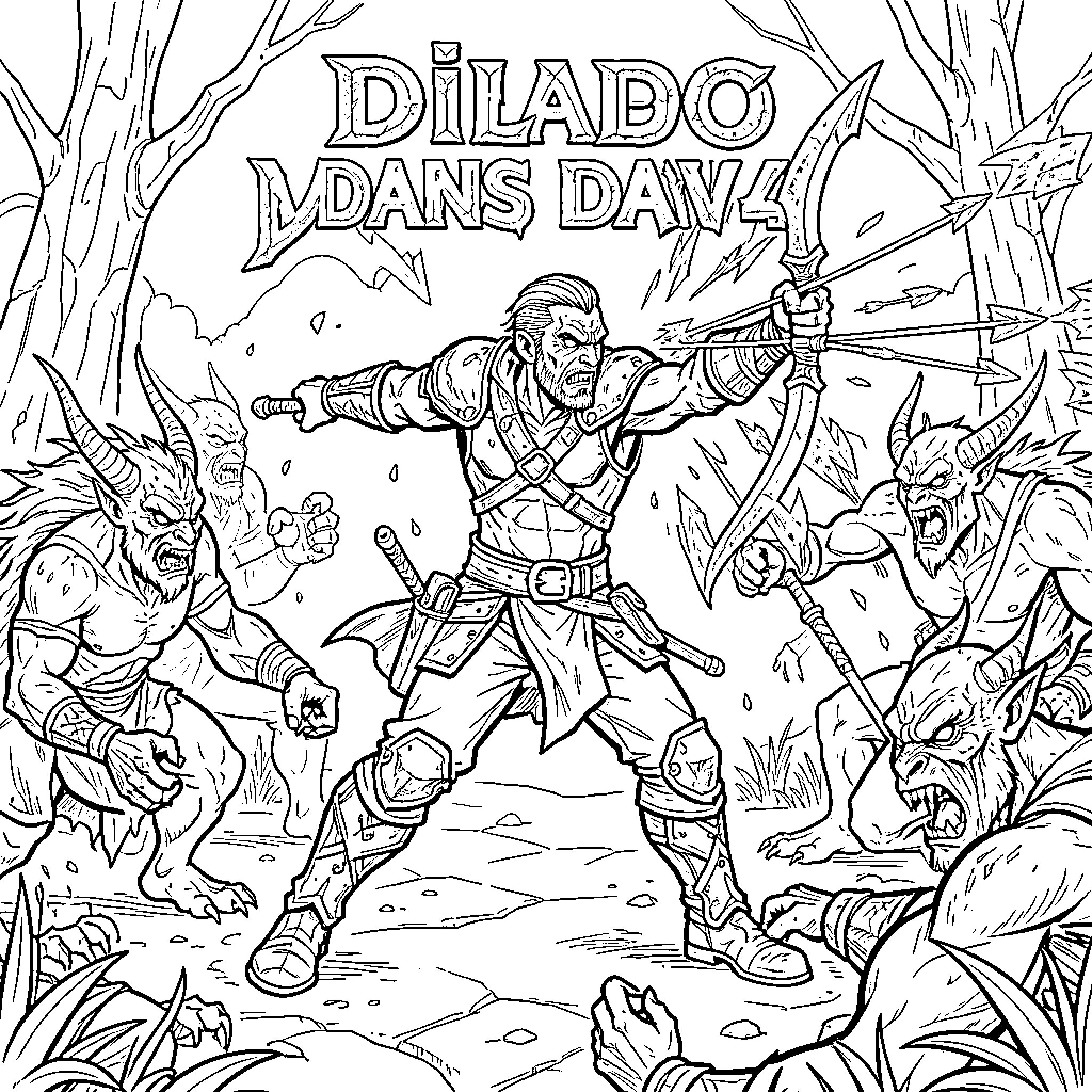 Voleur fighting monsters with a bow and arrow Coloring Page (free black-and-white line drawing printable PDF for all, from beginners to advanced learners, including children, teens, adults, and seniors)
