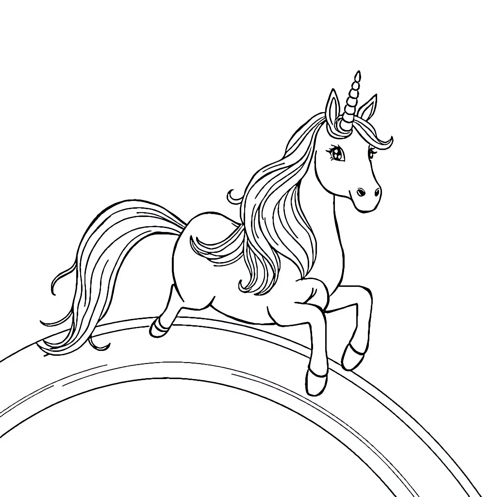 Cow unicorn prancing on rainbow Coloring Page (free black-and-white line drawing printable PDF for all, from beginners to advanced learners, including children, teens, adults, and seniors)