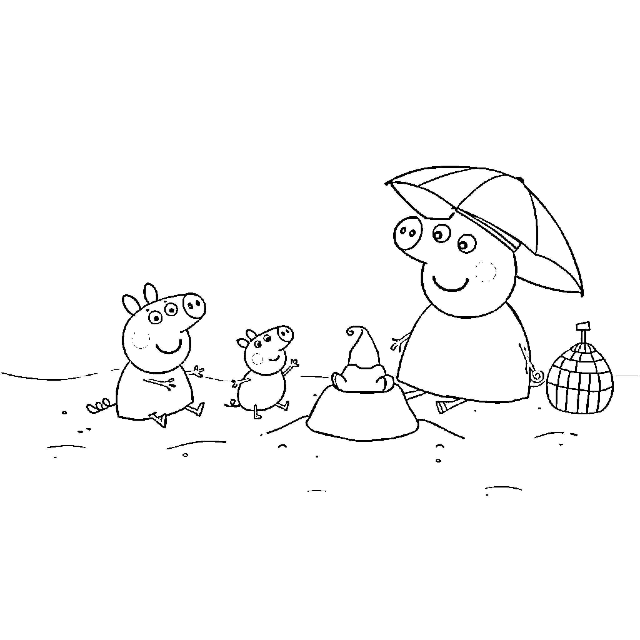 Peppa Pig and family enjoying a day at the beach Coloring Page (free black-and-white line drawing printable PDF for all, from beginners to advanced learners, including children, teens, adults, and seniors)