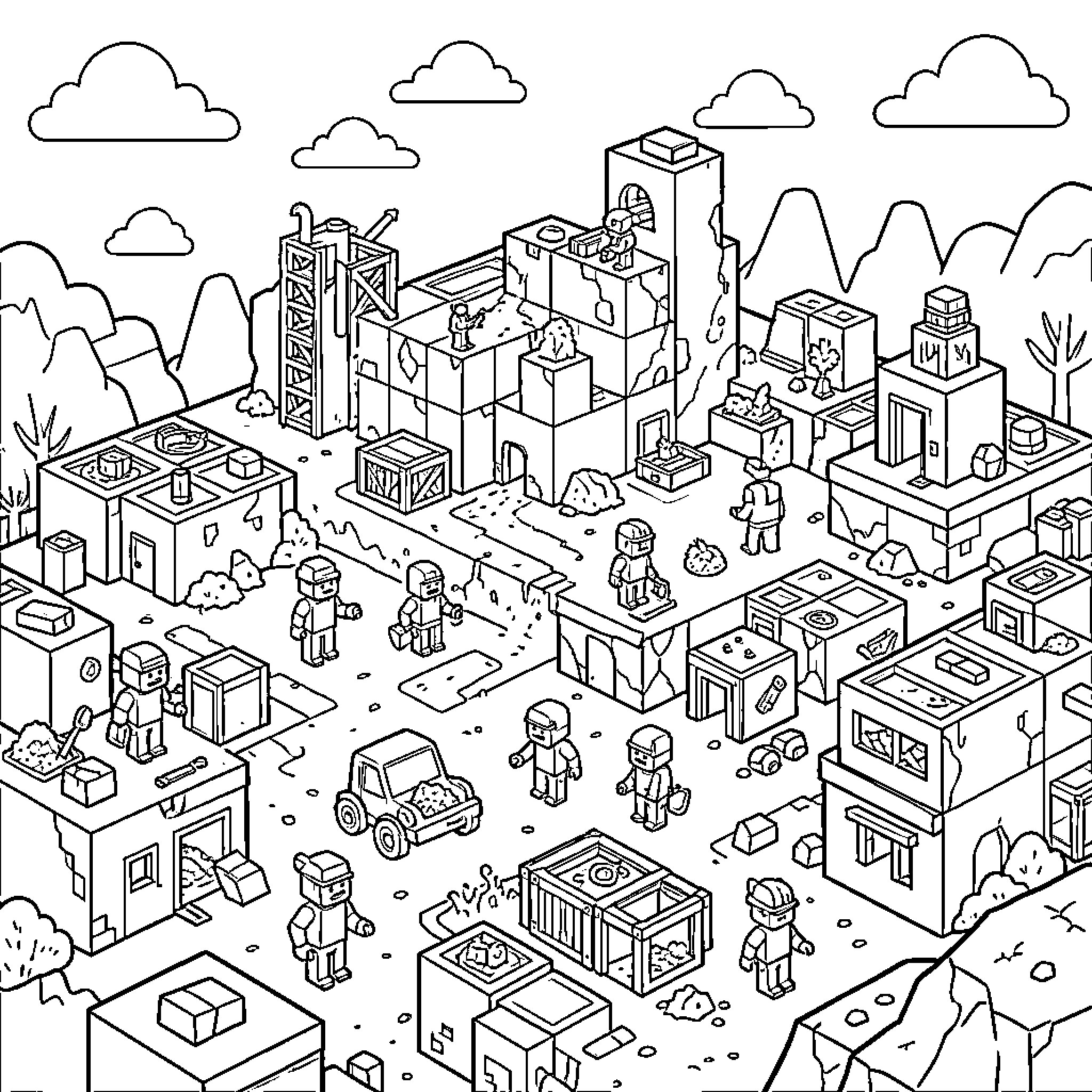 Minecraft characters exploring a blocky desert village Coloring Page (free black-and-white line drawing printable PDF for all, from beginners to advanced learners, including children, teens, adults, and seniors)