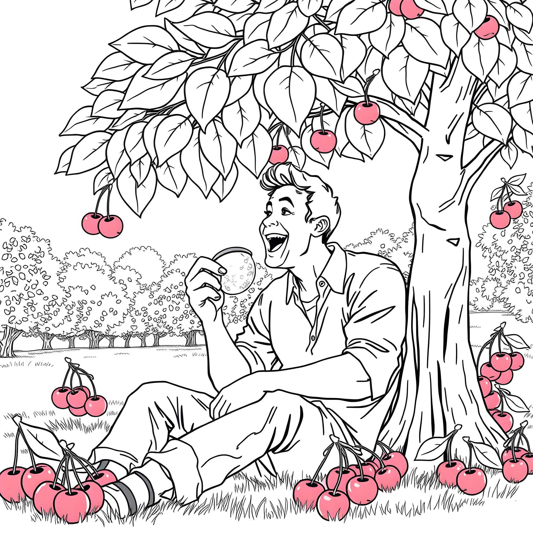 Guy relaxing under the apple tree Coloring Page (free black-and-white line drawing printable PDF for all, from beginners to advanced learners, including children, teens, adults, and seniors)