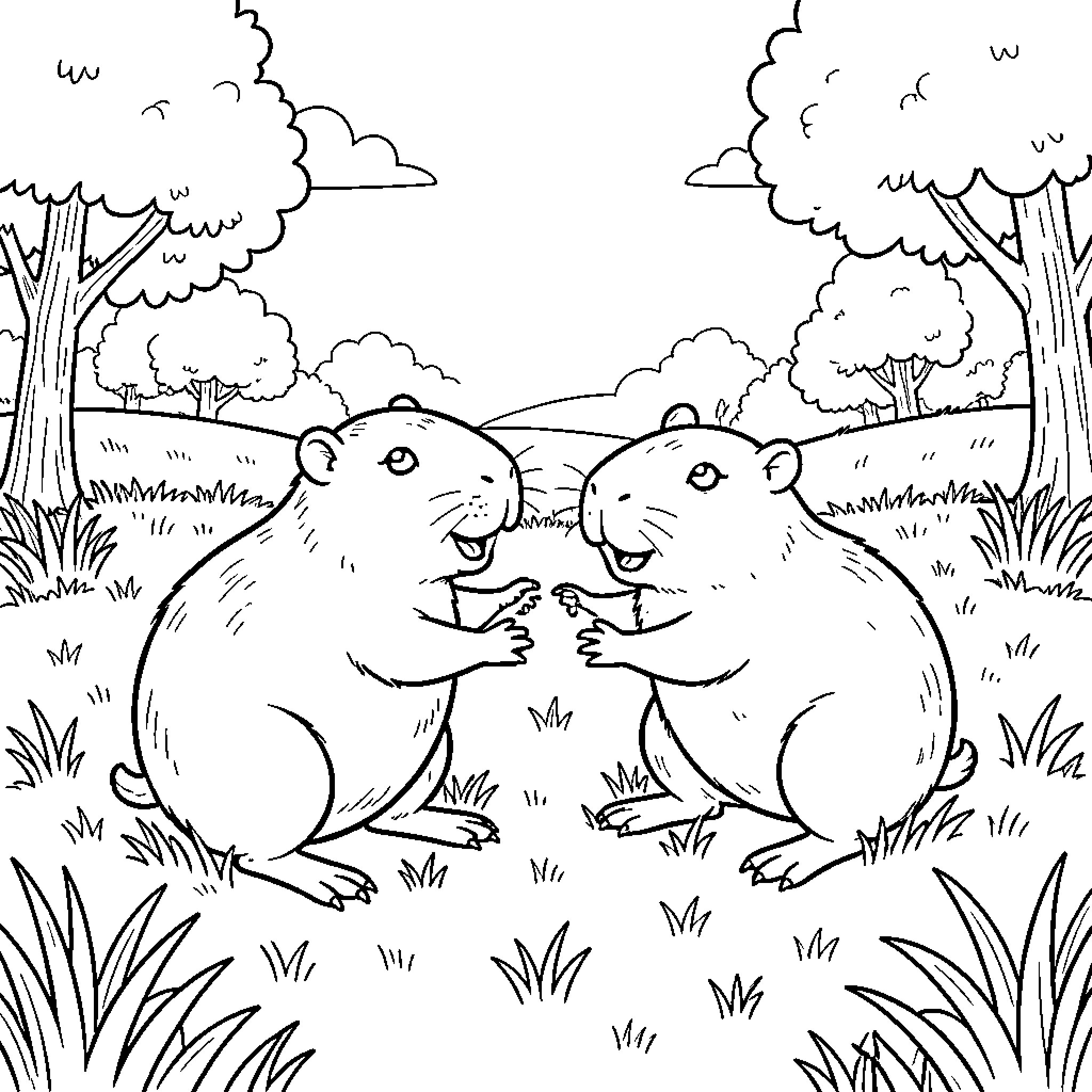 Capybara friends playing in the forest Coloring Page (free black-and-white line drawing printable PDF for all, from beginners to advanced learners, including children, teens, adults, and seniors)