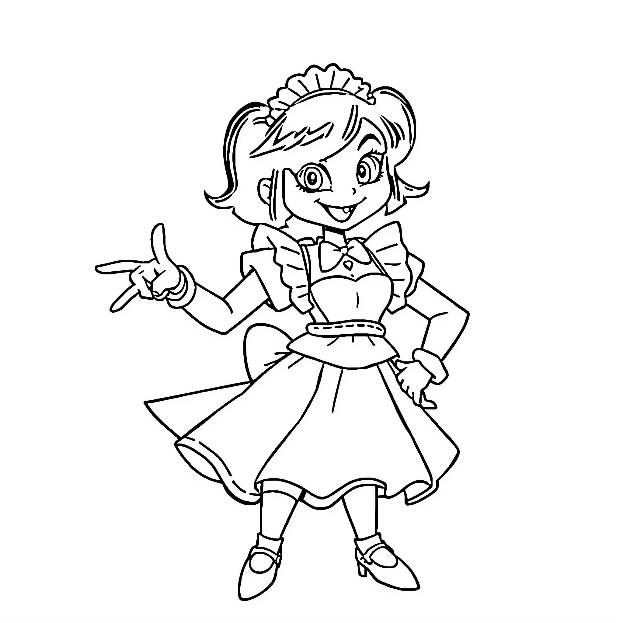 Alex the Cheerful Girl in Costume Coloring Page (free black-and-white line drawing printable PDF for all, from beginners to advanced learners, including children, teens, adults, and seniors)