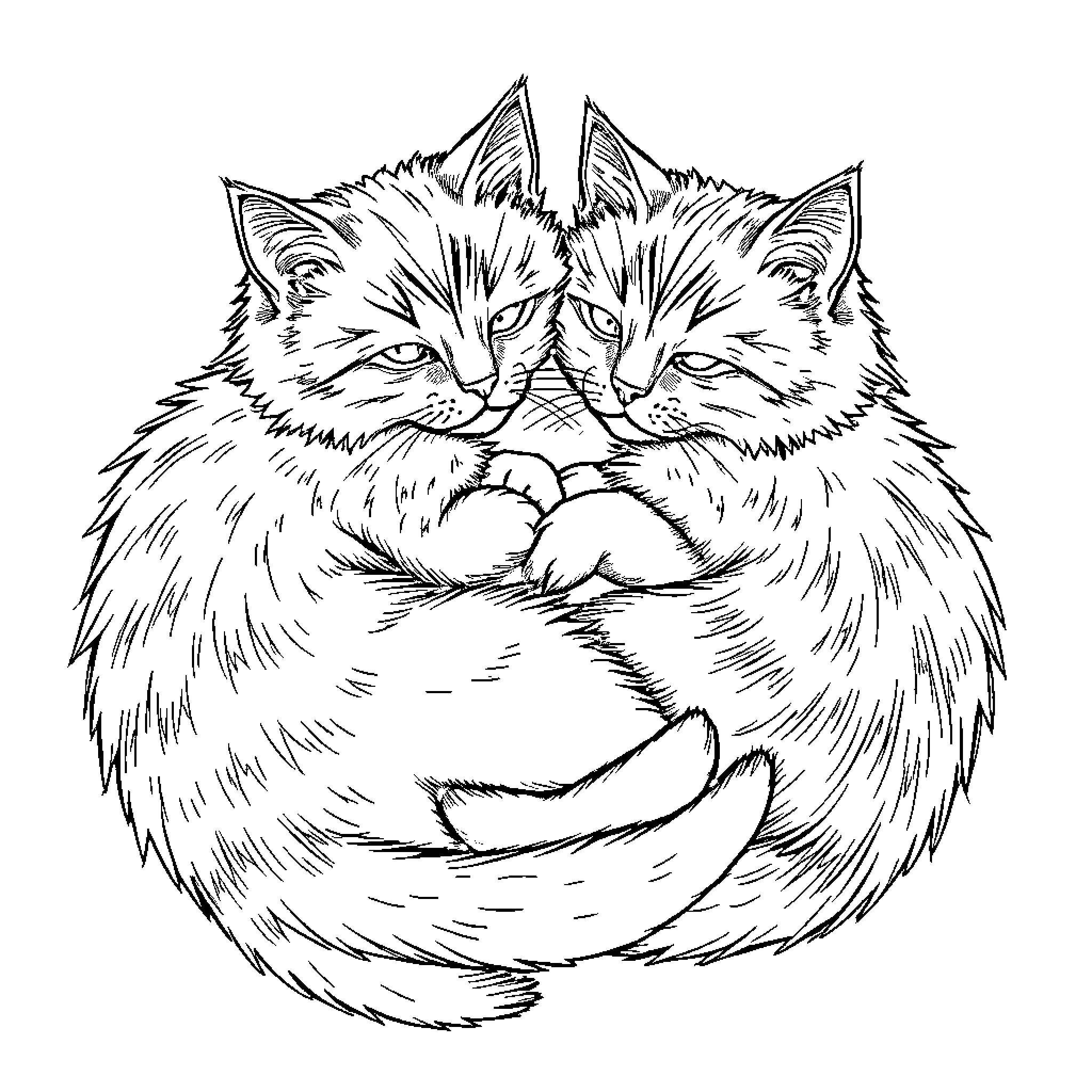 Cat Companions Snuggling in Cozy Embrace Coloring Page (free black-and-white line drawing printable PDF for all, from beginners to advanced learners, including children, teens, adults, and seniors)