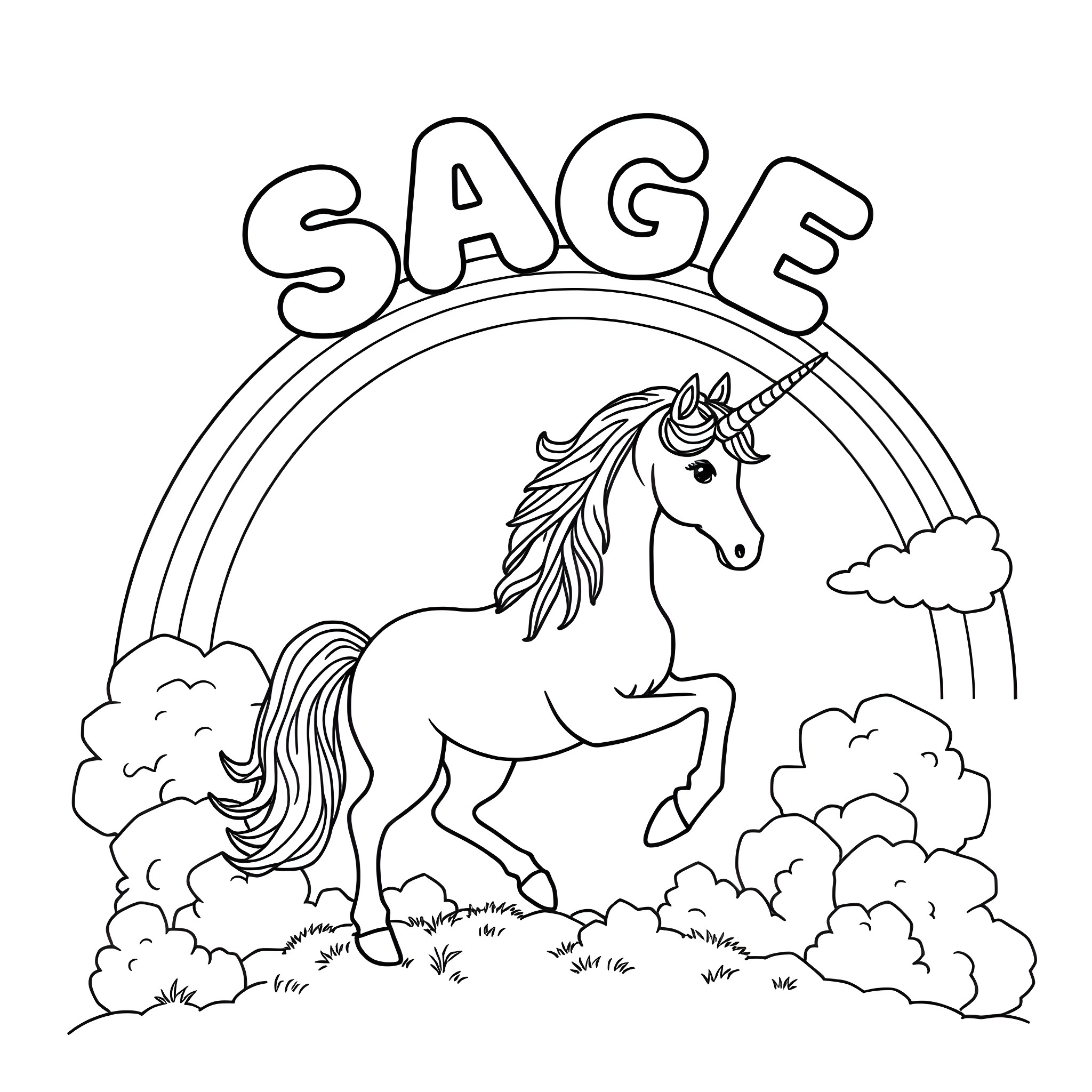 Unicorn running joyfully under a rainbow Coloring Page (free black-and-white line drawing printable PDF for all, from beginners to advanced learners, including children, teens, adults, and seniors)