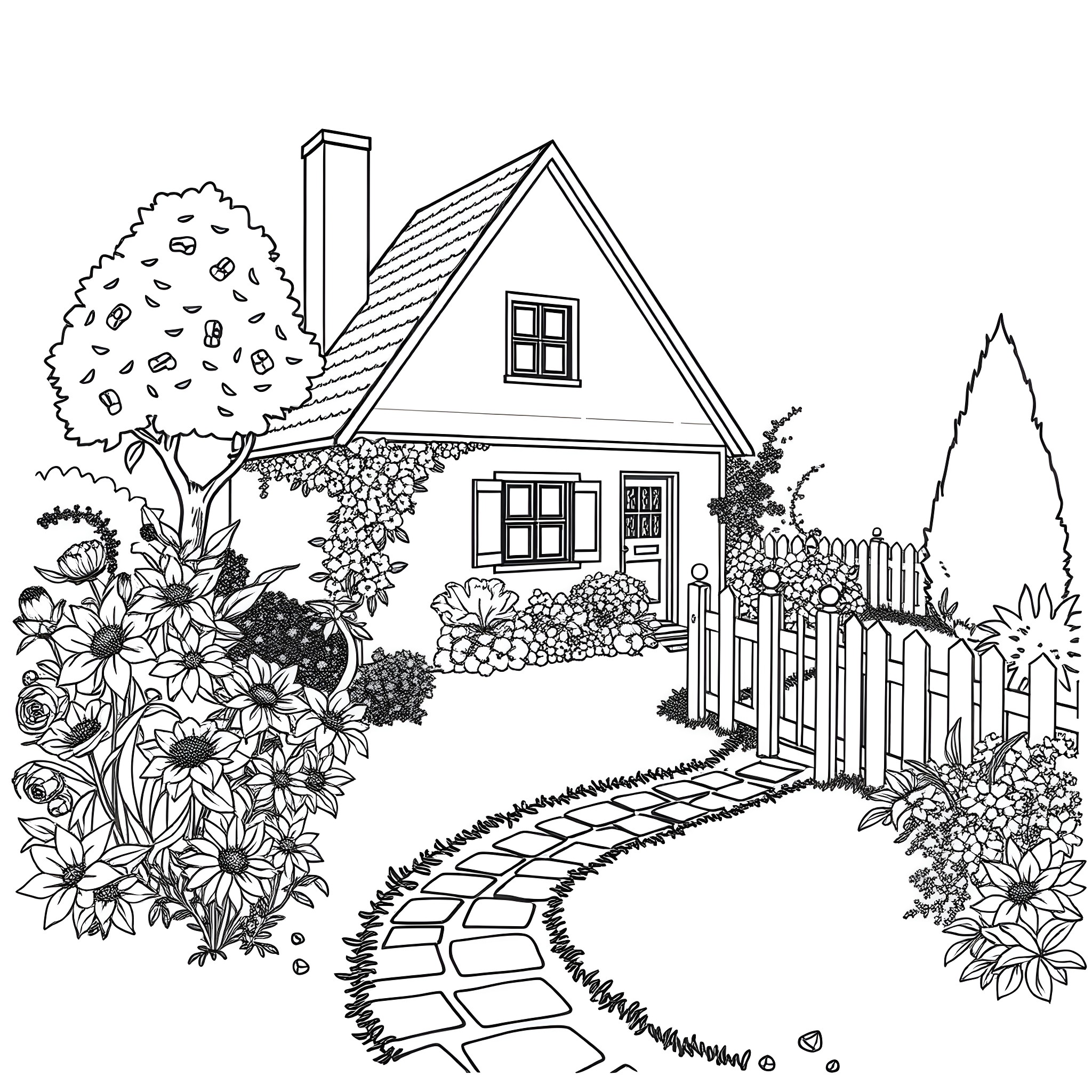 House with a Charming Floral Garden Coloring Page (free black-and-white line drawing printable PDF for all, from beginners to advanced learners, including children, teens, adults, and seniors)