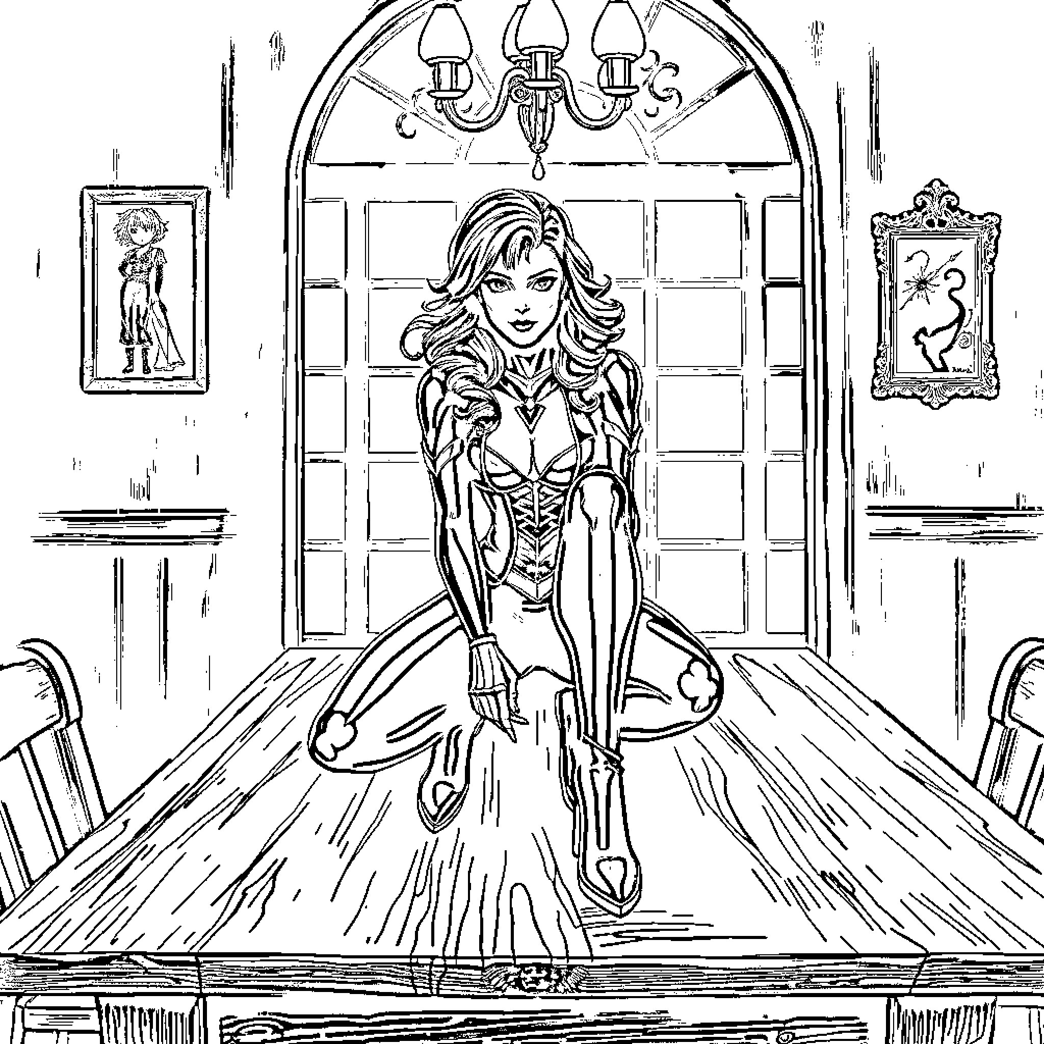 Black Widow standing majestically in a grand interior Coloring Page (free black-and-white line drawing printable PDF for all, from beginners to advanced learners, including children, teens, adults, and seniors)