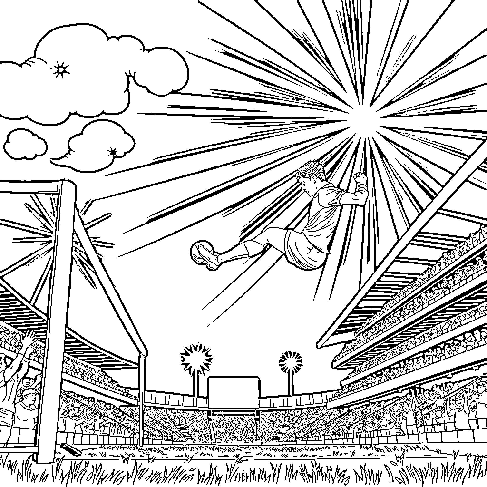 Goal of Heroic Victory in Sports Stadium Coloring Page (free black-and-white line drawing printable PDF for all, from beginners to advanced learners, including children, teens, adults, and seniors)