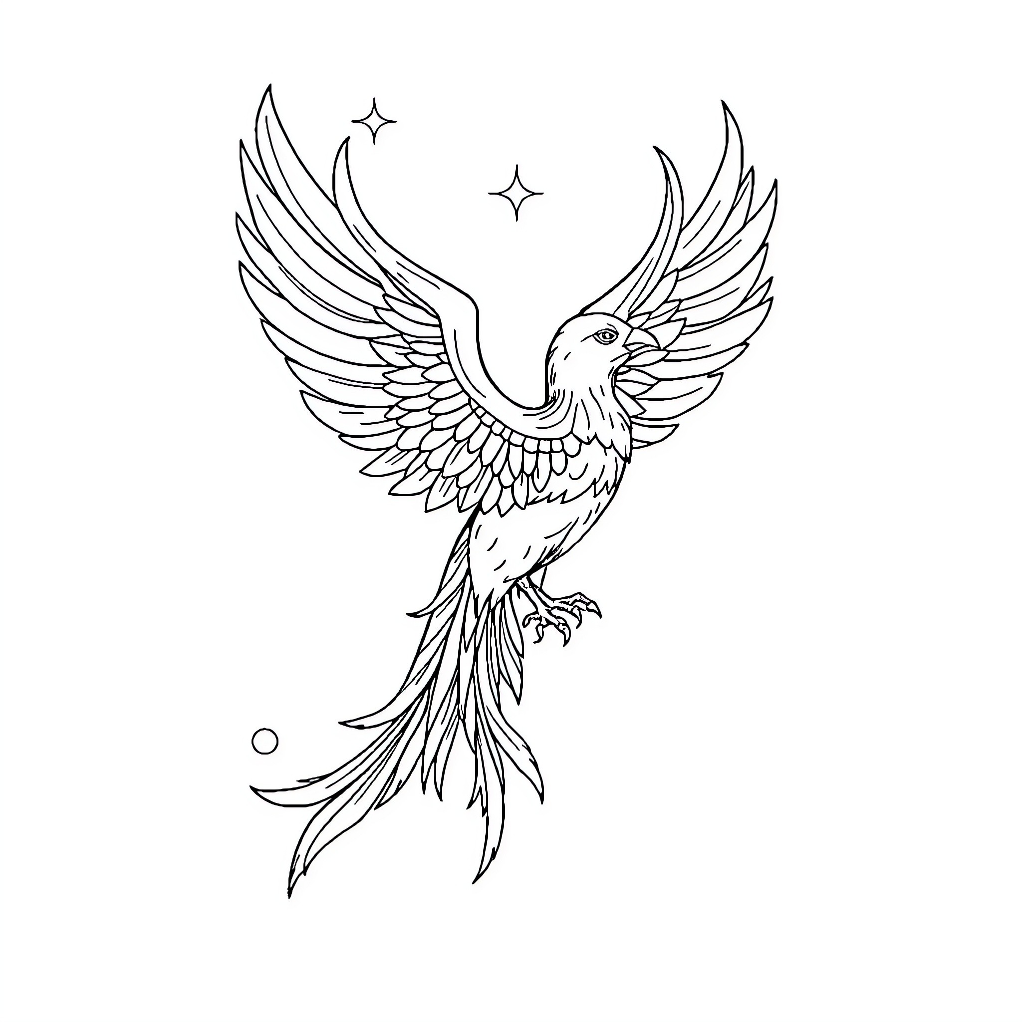 Phoenix rising with wings spread in the sky Coloring Page (free black-and-white line drawing printable PDF for all, from beginners to advanced learners, including children, teens, adults, and seniors)
