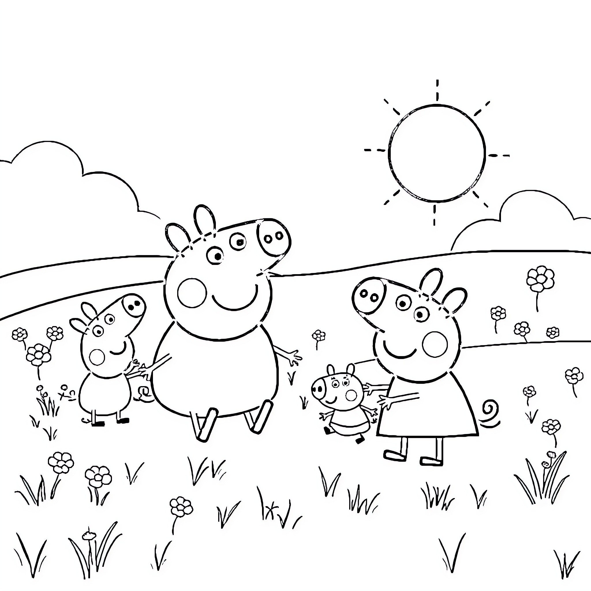 Peppa Pig and family having fun outdoors Coloring Page (free black-and-white line drawing printable PDF for all, from beginners to advanced learners, including children, teens, adults, and seniors)