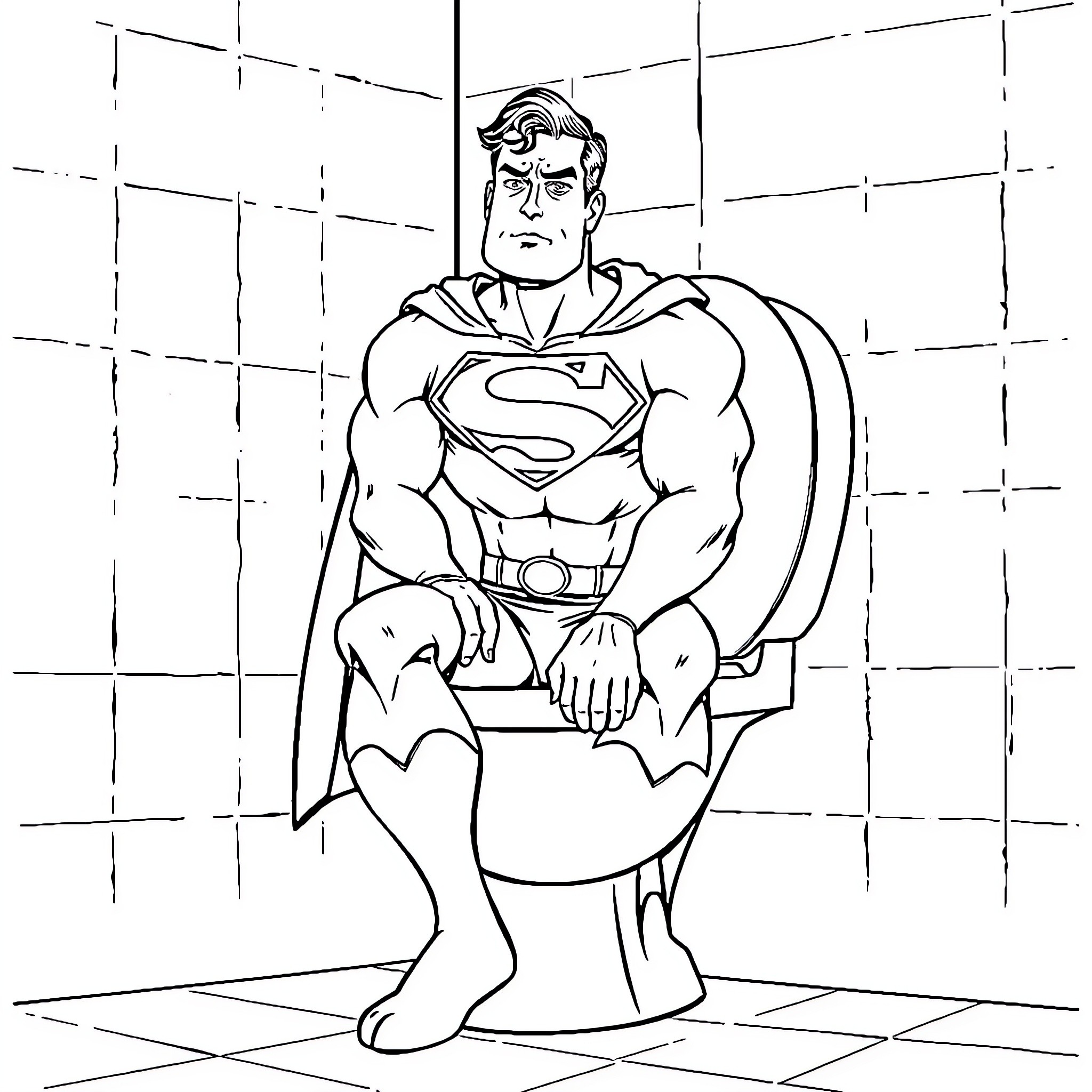 Superman seated in thoughtful pose Coloring Page (free black-and-white line drawing printable PDF for all, from beginners to advanced learners, including children, teens, adults, and seniors)
