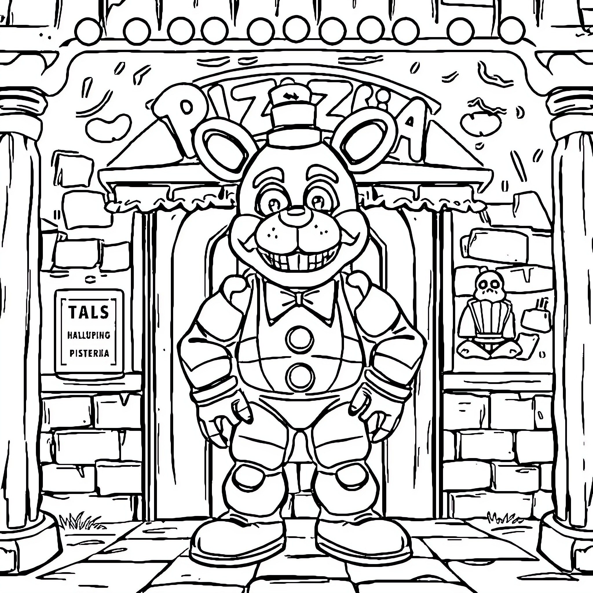 Freddy Fazbear's Frightful Pizzeria Adventure Coloring Page (free black-and-white line drawing printable PDF for all, from beginners to advanced learners, including children, teens, adults, and seniors)