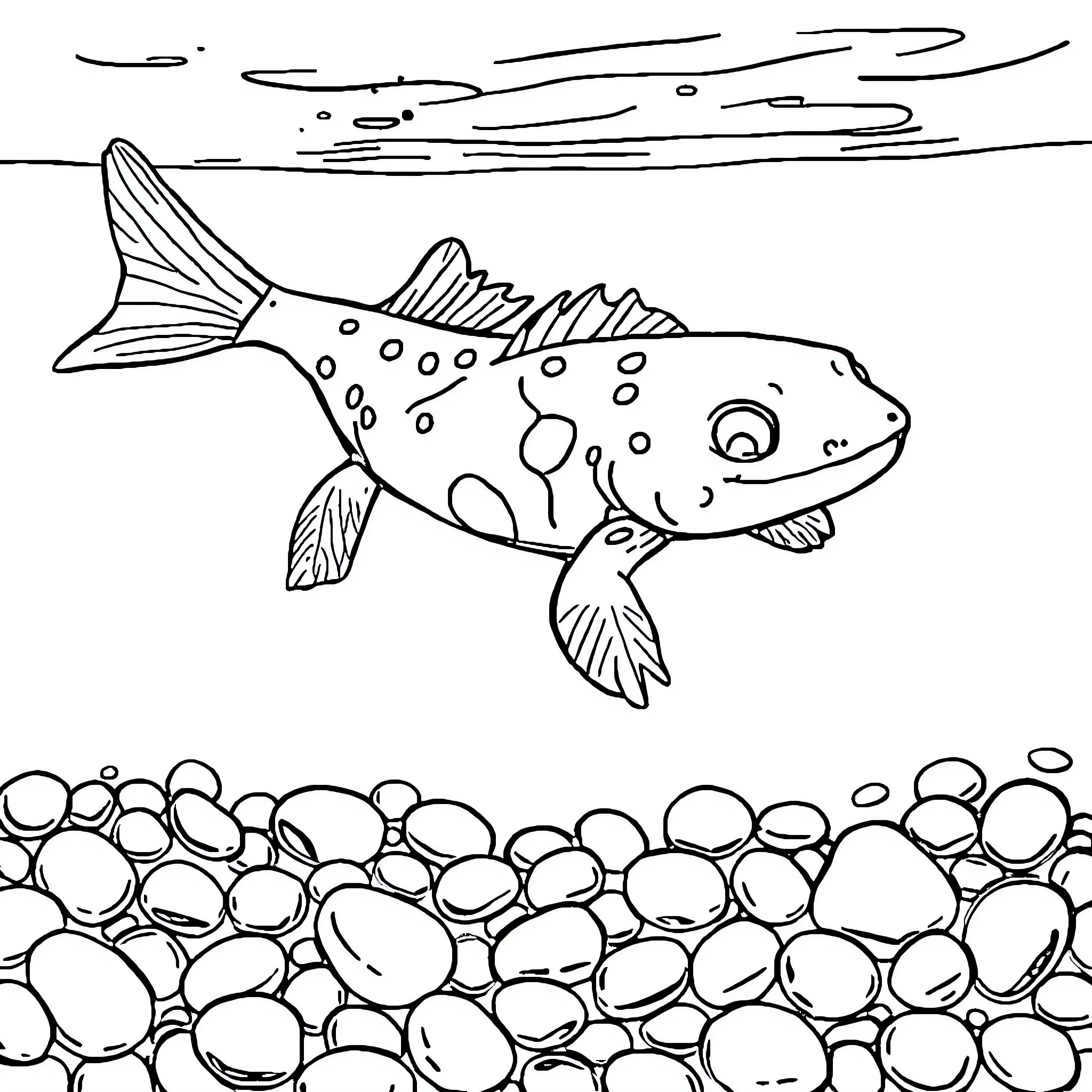 Axolotl exploring the underwater pebbles Coloring Page (free black-and-white line drawing printable PDF for all, from beginners to advanced learners, including children, teens, adults, and seniors)