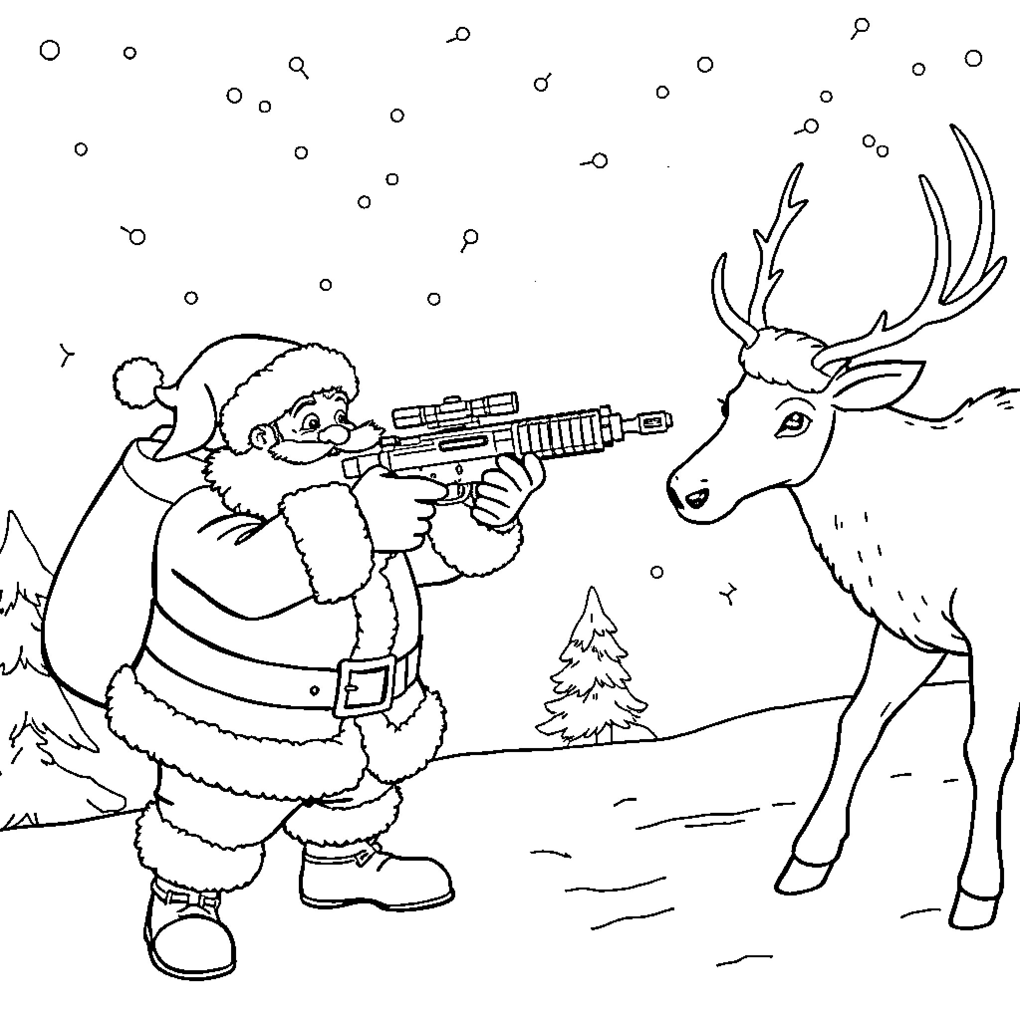 Santa aiming his blaster at a startled deer Coloring Page (free black-and-white line drawing printable PDF for all, from beginners to advanced learners, including children, teens, adults, and seniors)