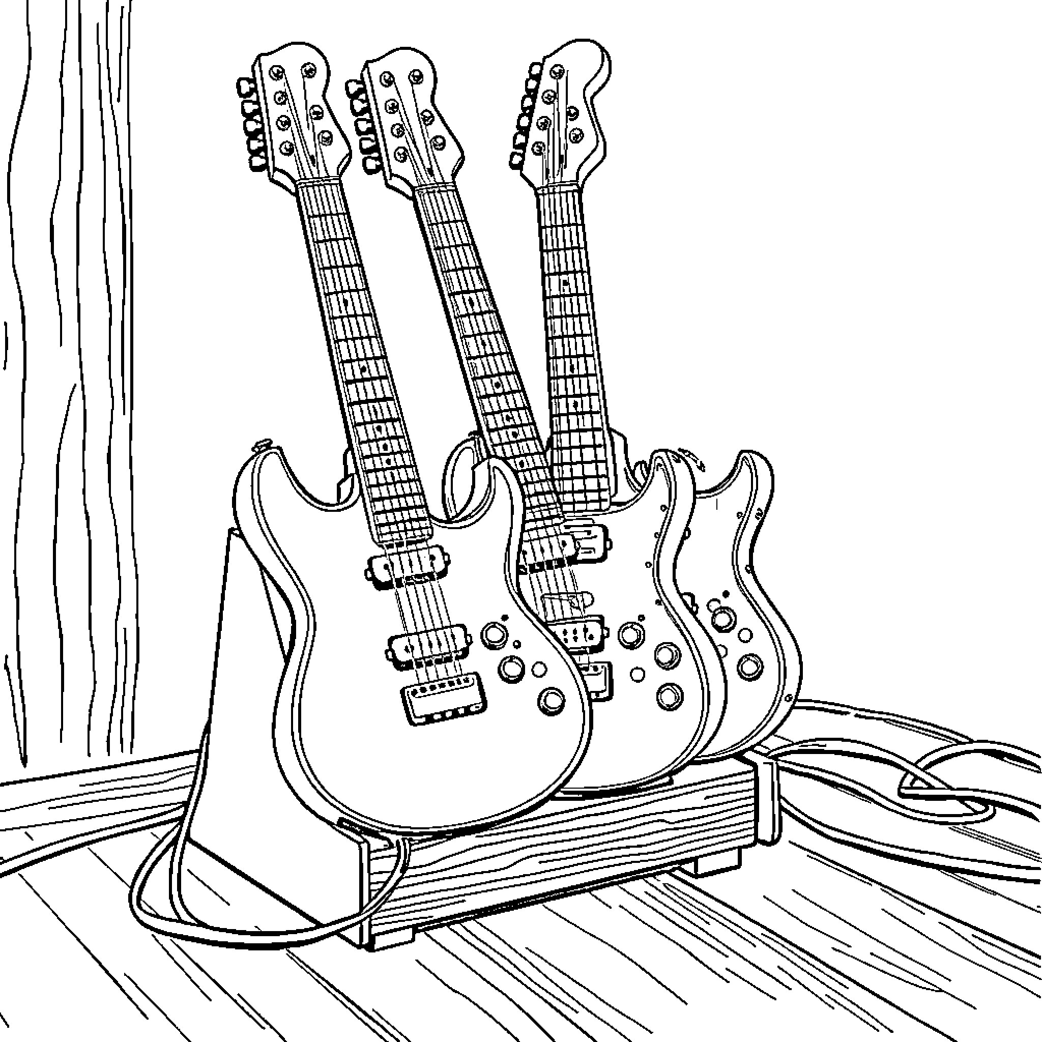 Electric Guitar Trio on Stage Coloring Page (free black-and-white line drawing printable PDF for all, from beginners to advanced learners, including children, teens, adults, and seniors)