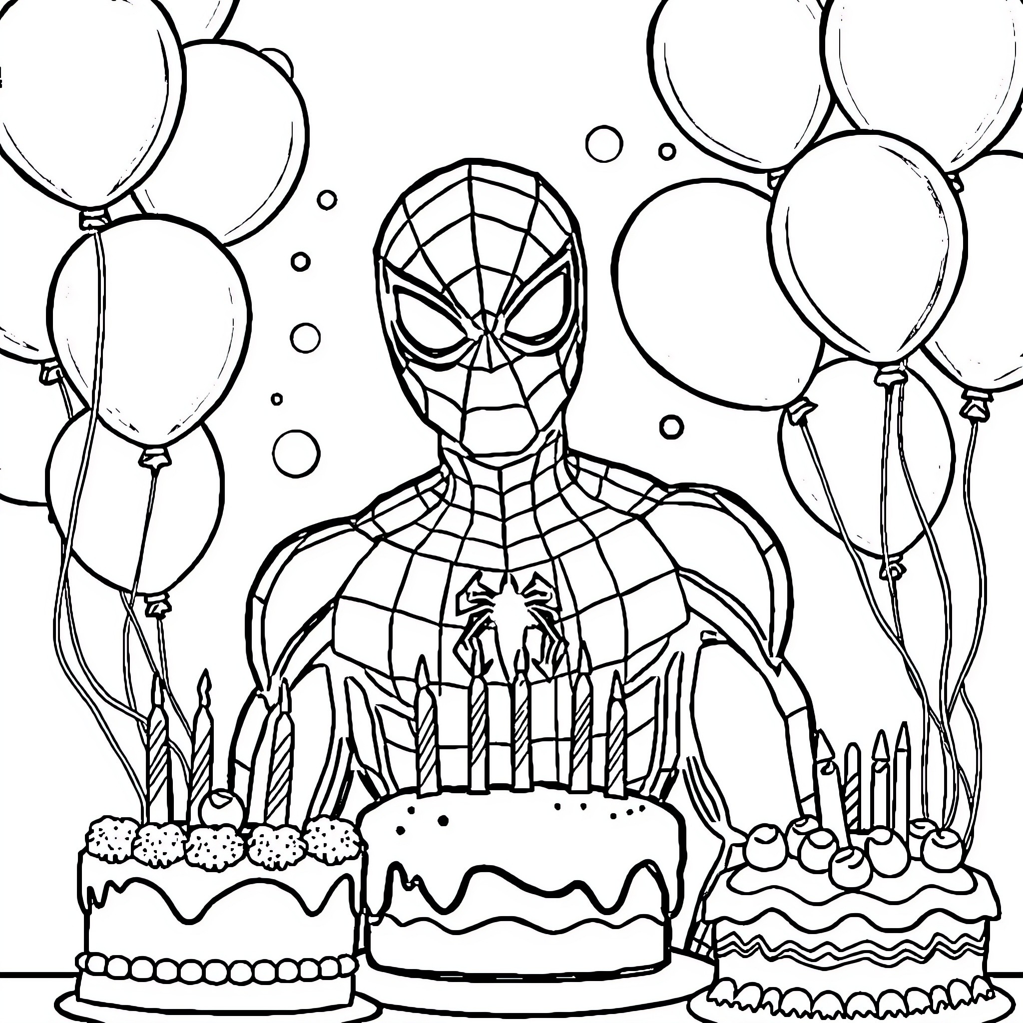 Spiderman celebrates with balloons and birthday cakes Coloring Page (free black-and-white line drawing printable PDF for all, from beginners to advanced learners, including children, teens, adults, and seniors)
