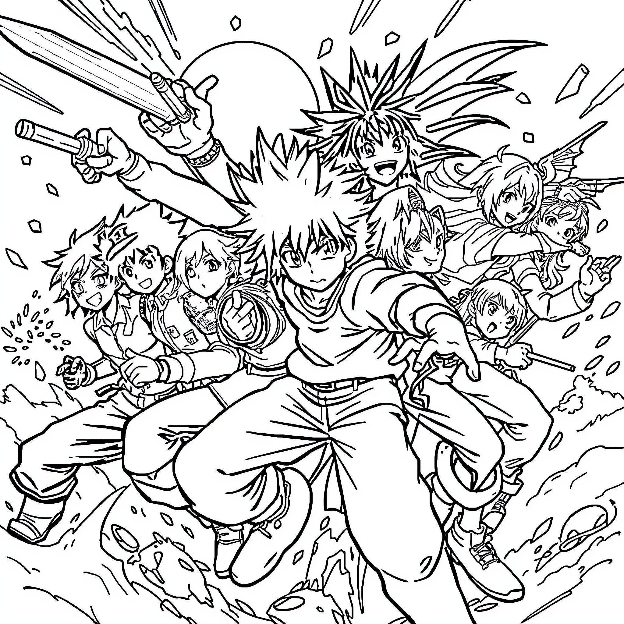 Anime Characters in Action-Packed Battle Scene Coloring Page (free black-and-white line drawing printable PDF for all, from beginners to advanced learners, including children, teens, adults, and seniors)