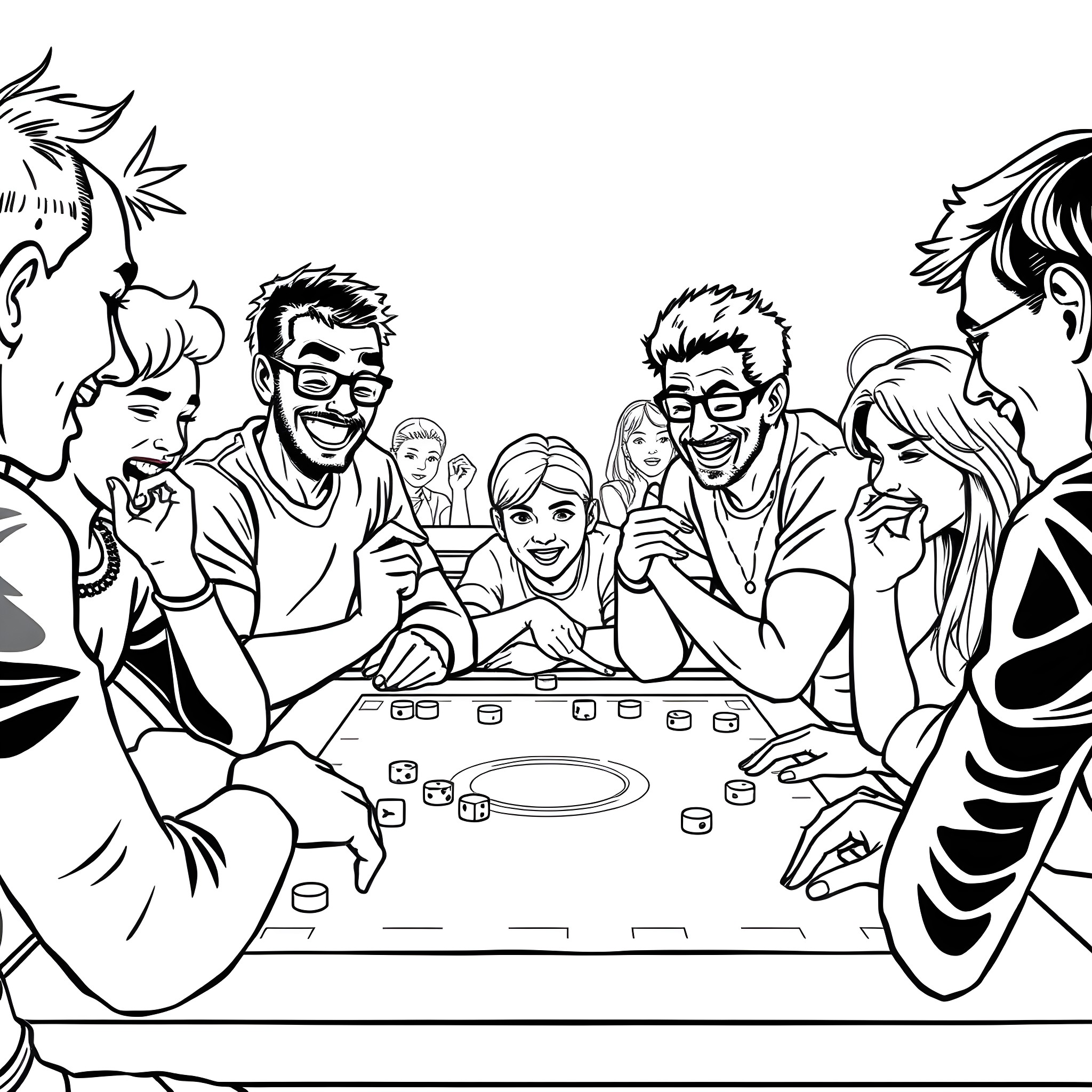 Boardgame friends having fun and laughing together Coloring Page (free black-and-white line drawing printable PDF for all, from beginners to advanced learners, including children, teens, adults, and seniors)