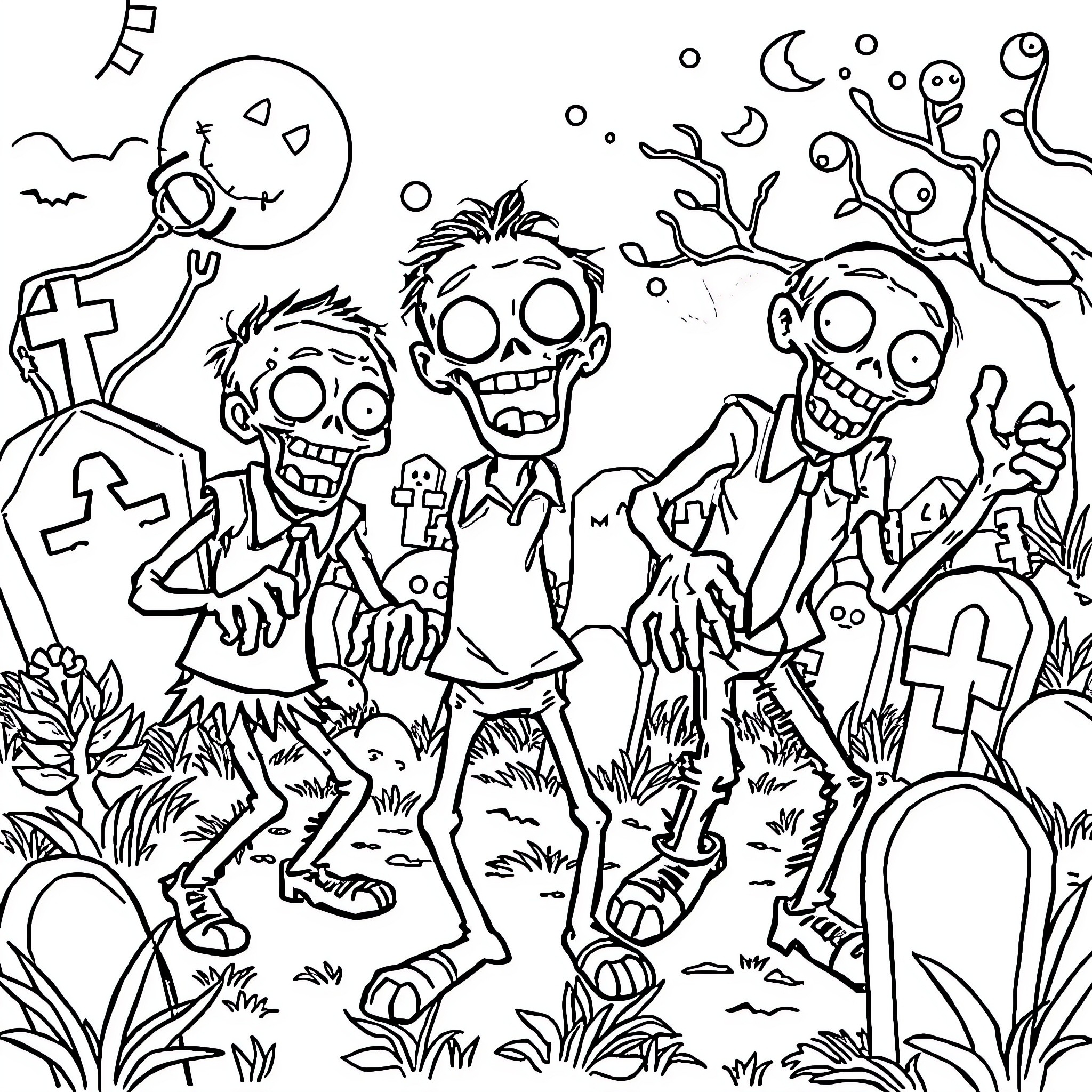 Zombie Dancers Celebrating in a Graveyard Coloring Page (free black-and-white line drawing printable PDF for all, from beginners to advanced learners, including children, teens, adults, and seniors)