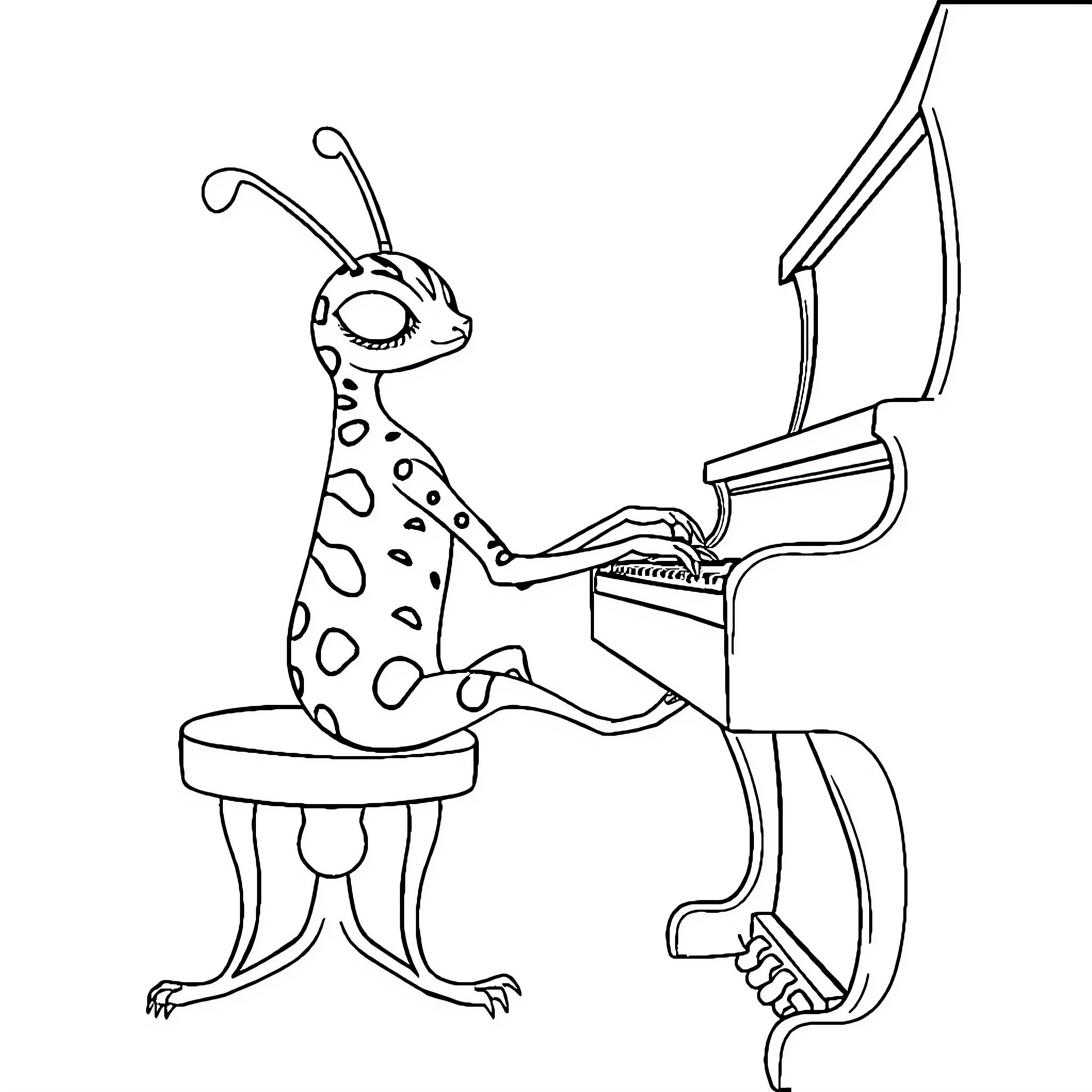 Spider-like creature playing musical instrument Coloring Page (free black-and-white line drawing printable PDF for all, from beginners to advanced learners, including children, teens, adults, and seniors)