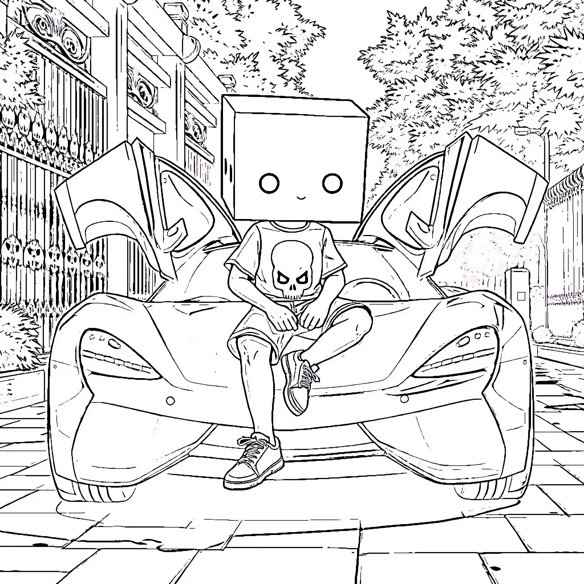Character enjoying sports car in urban setting Coloring Page (free black-and-white line drawing printable PDF for all, from beginners to advanced learners, including children, teens, adults, and seniors)