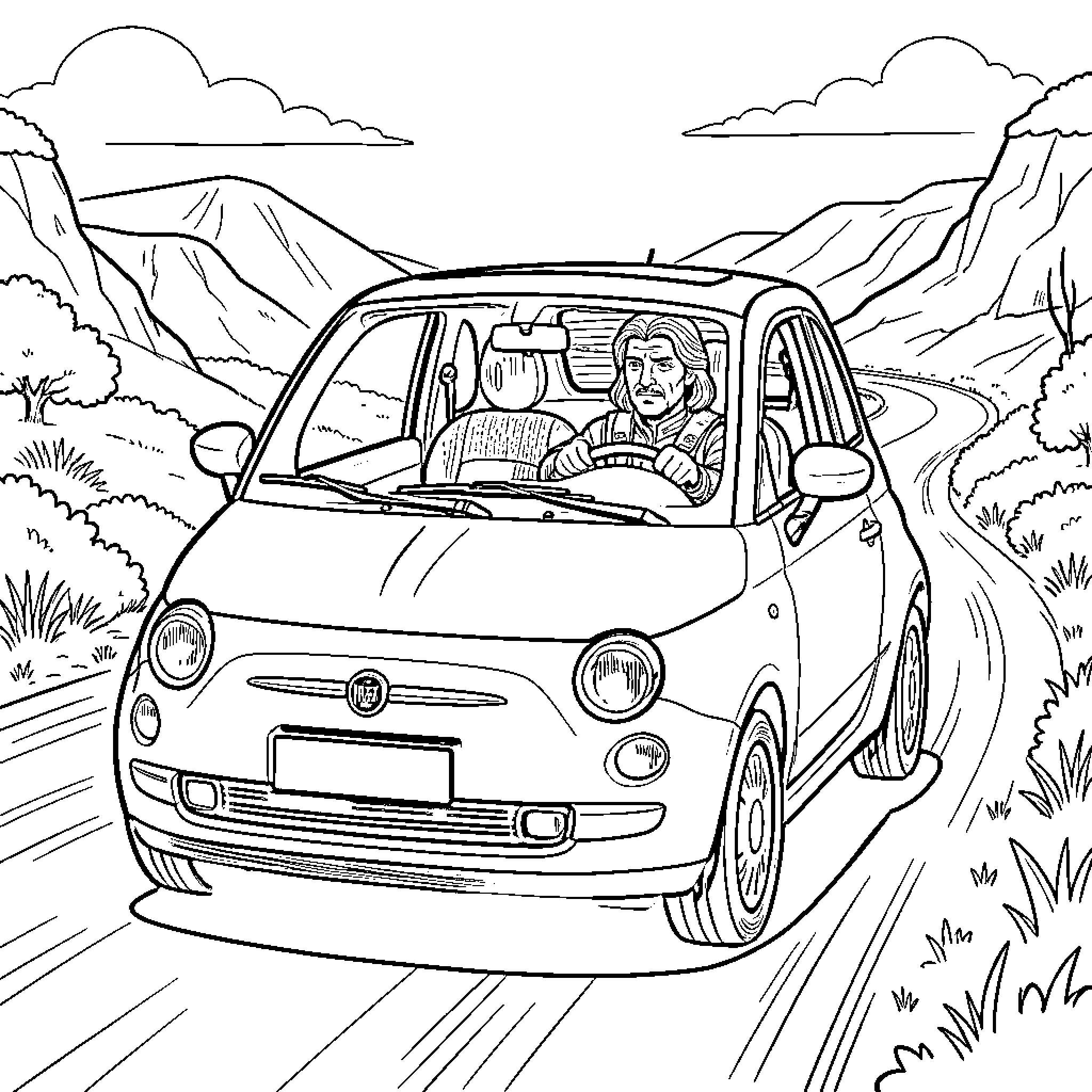 Paul Atreides driving a small car through mountains Coloring Page (free black-and-white line drawing printable PDF for all, from beginners to advanced learners, including children, teens, adults, and seniors)
