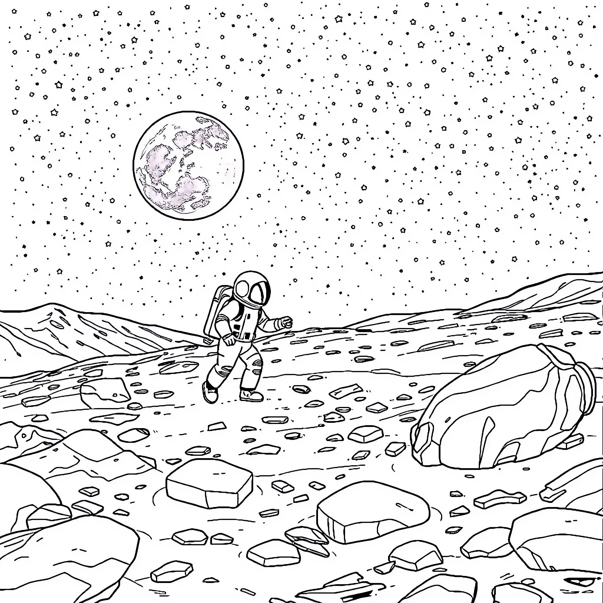 Astronaut exploring the rocky lunar surface Coloring Page (free black-and-white line drawing printable PDF for all, from beginners to advanced learners, including children, teens, adults, and seniors)