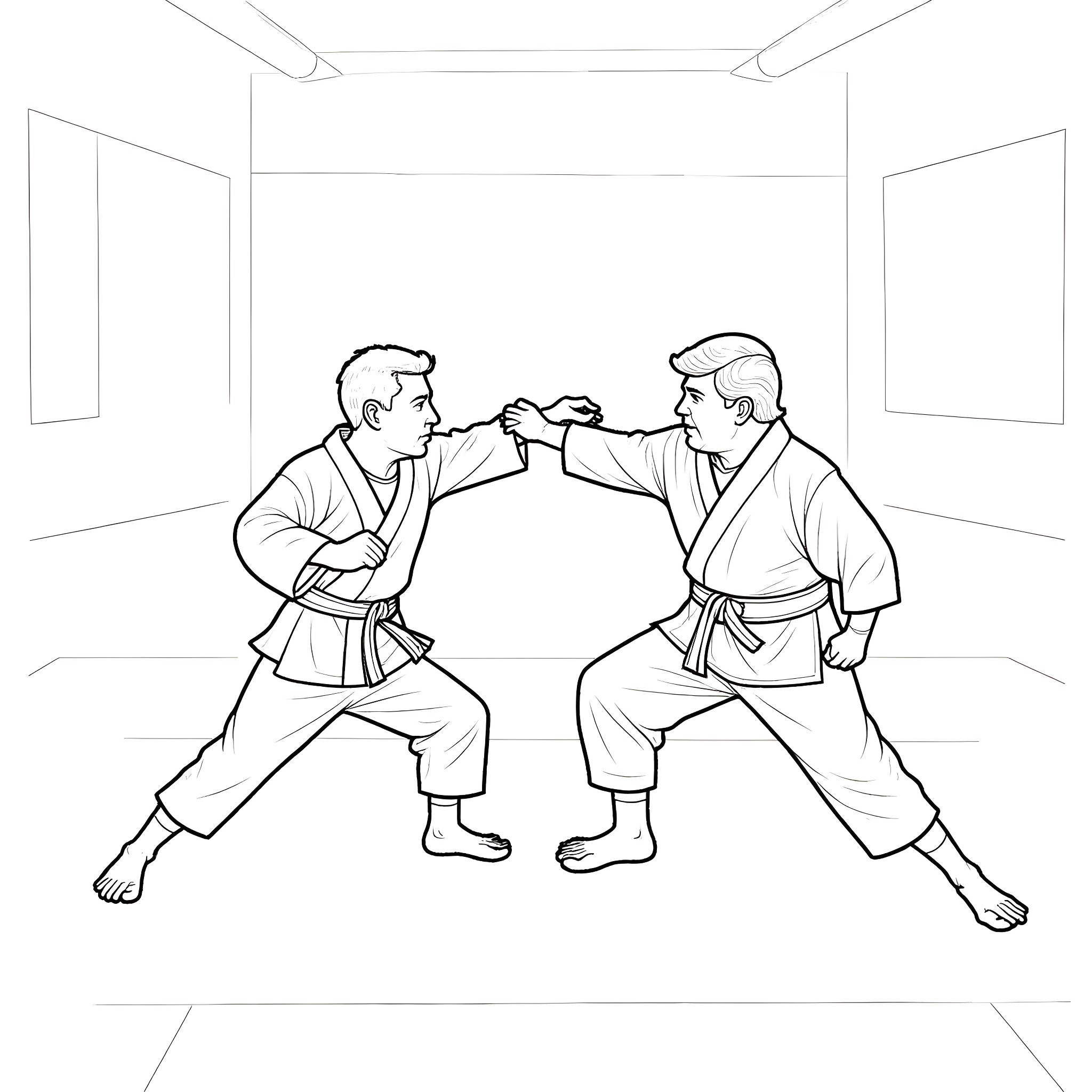 Elon Musk engages in martial arts training Coloring Page (free black-and-white line drawing printable PDF for all, from beginners to advanced learners, including children, teens, adults, and seniors)
