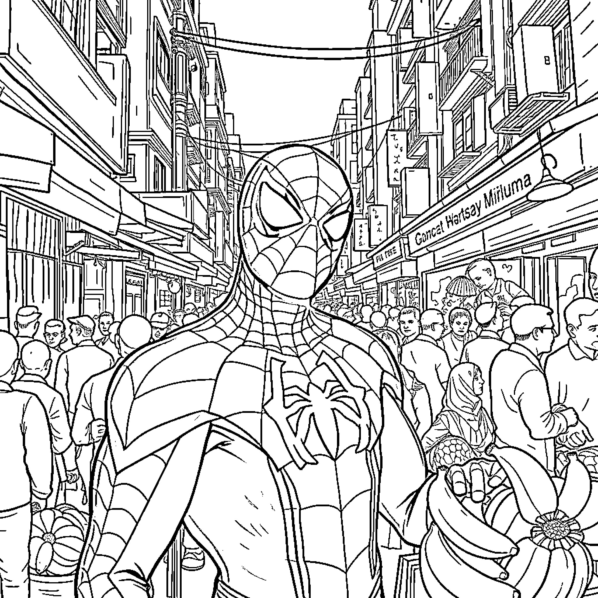 Spider-Man navigates through a crowded city street Coloring Page (free black-and-white line drawing printable PDF for all, from beginners to advanced learners, including children, teens, adults, and seniors)