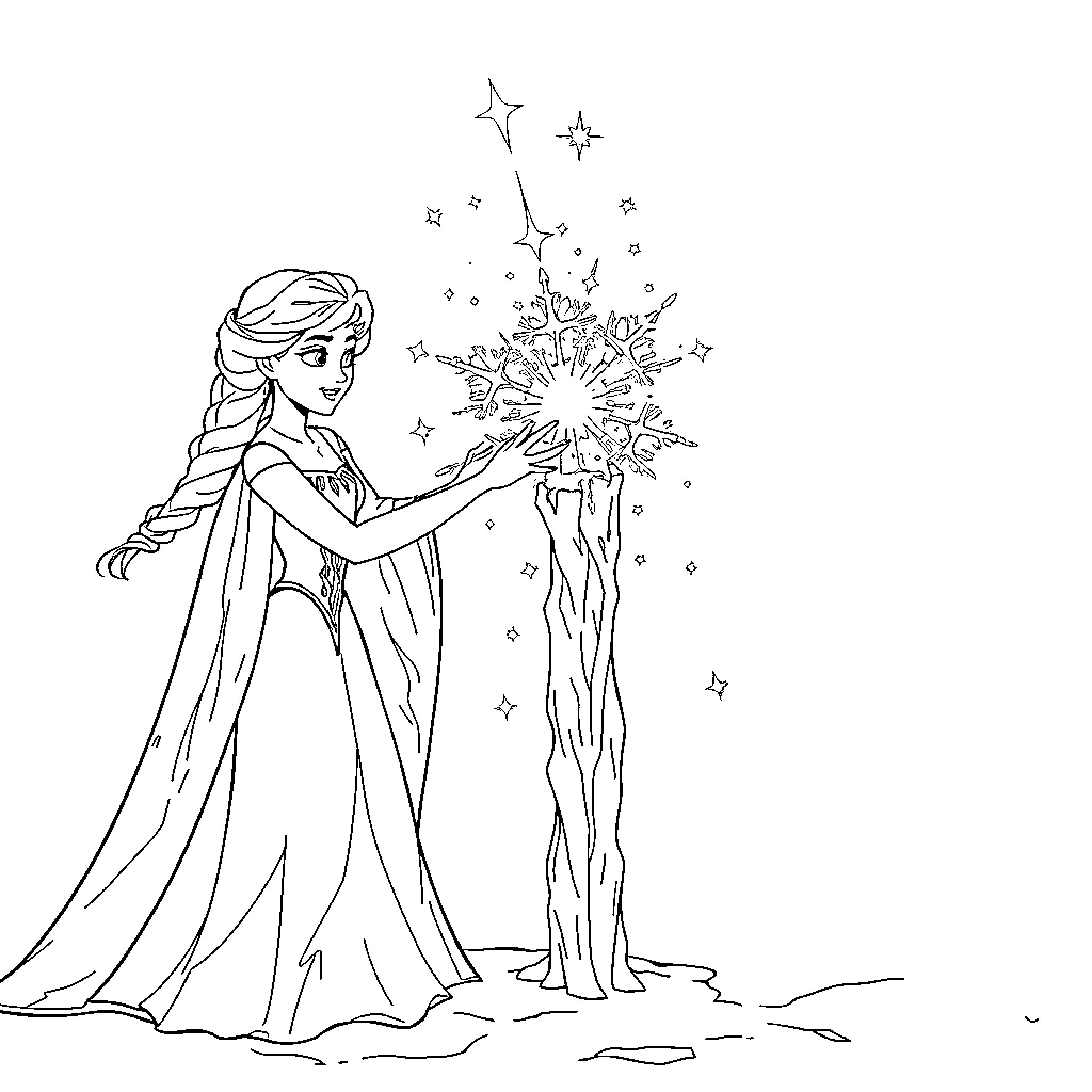 Elsa creating magical snowflakes in a snowy scene Coloring Page (free black-and-white line drawing printable PDF for all, from beginners to advanced learners, including children, teens, adults, and seniors)
