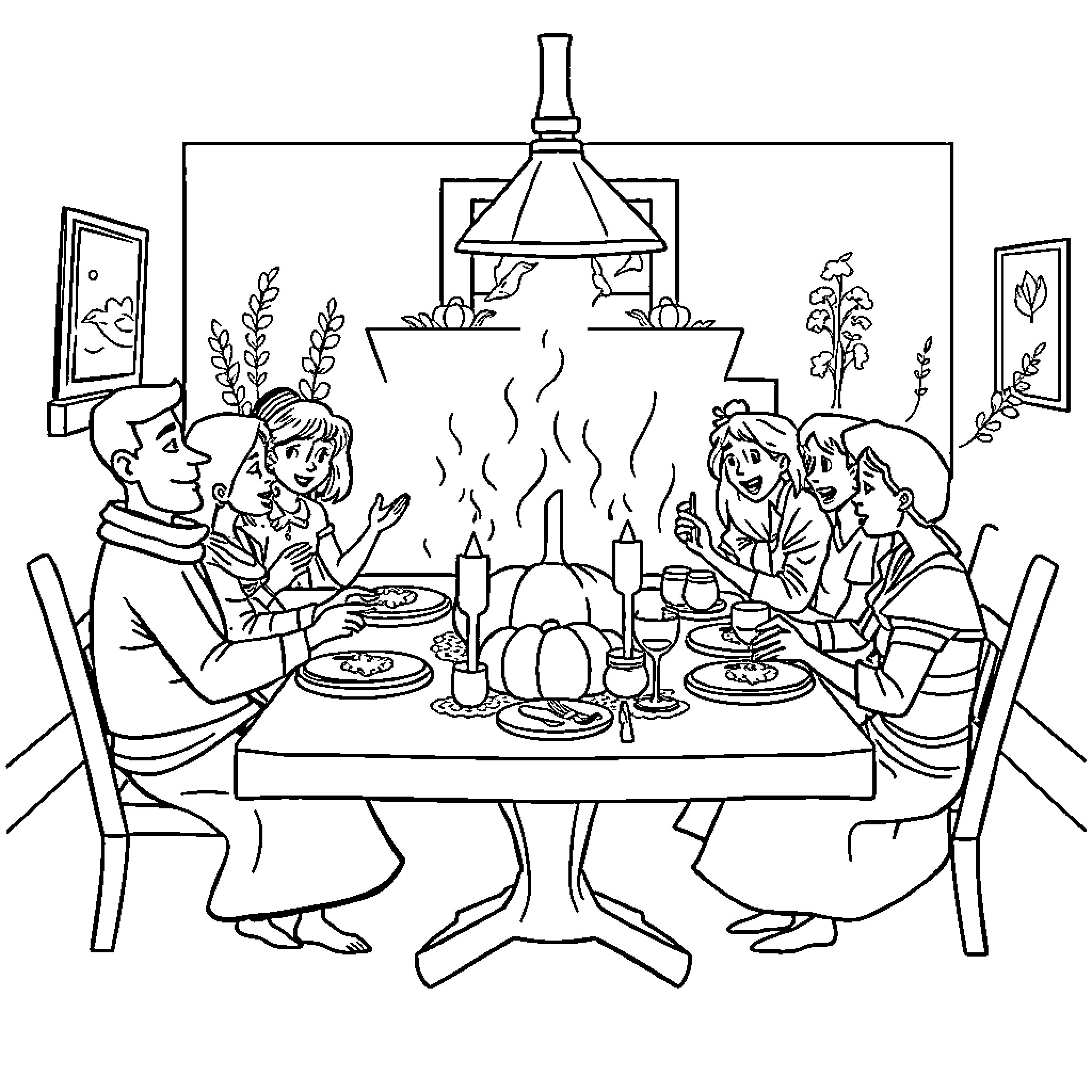 Family Gathered Around Festive Dinner Table Coloring Page (free black-and-white line drawing printable PDF for all, from beginners to advanced learners, including children, teens, adults, and seniors)