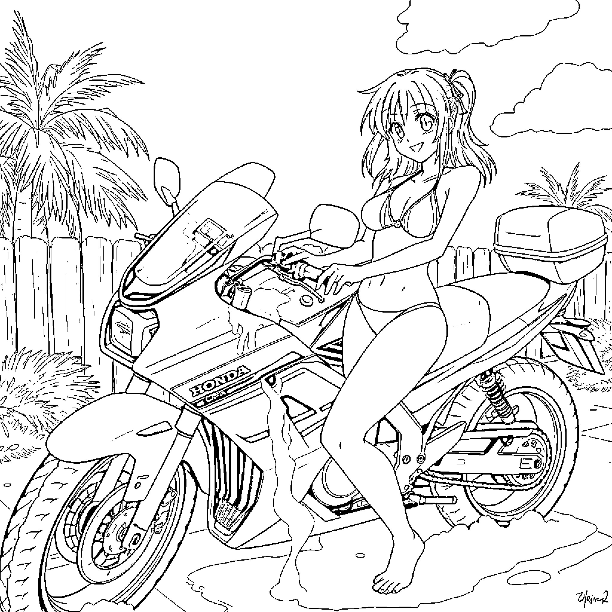 Asuka riding a motorcycle on a tropical island Coloring Page (free black-and-white line drawing printable PDF for all, from beginners to advanced learners, including children, teens, adults, and seniors)