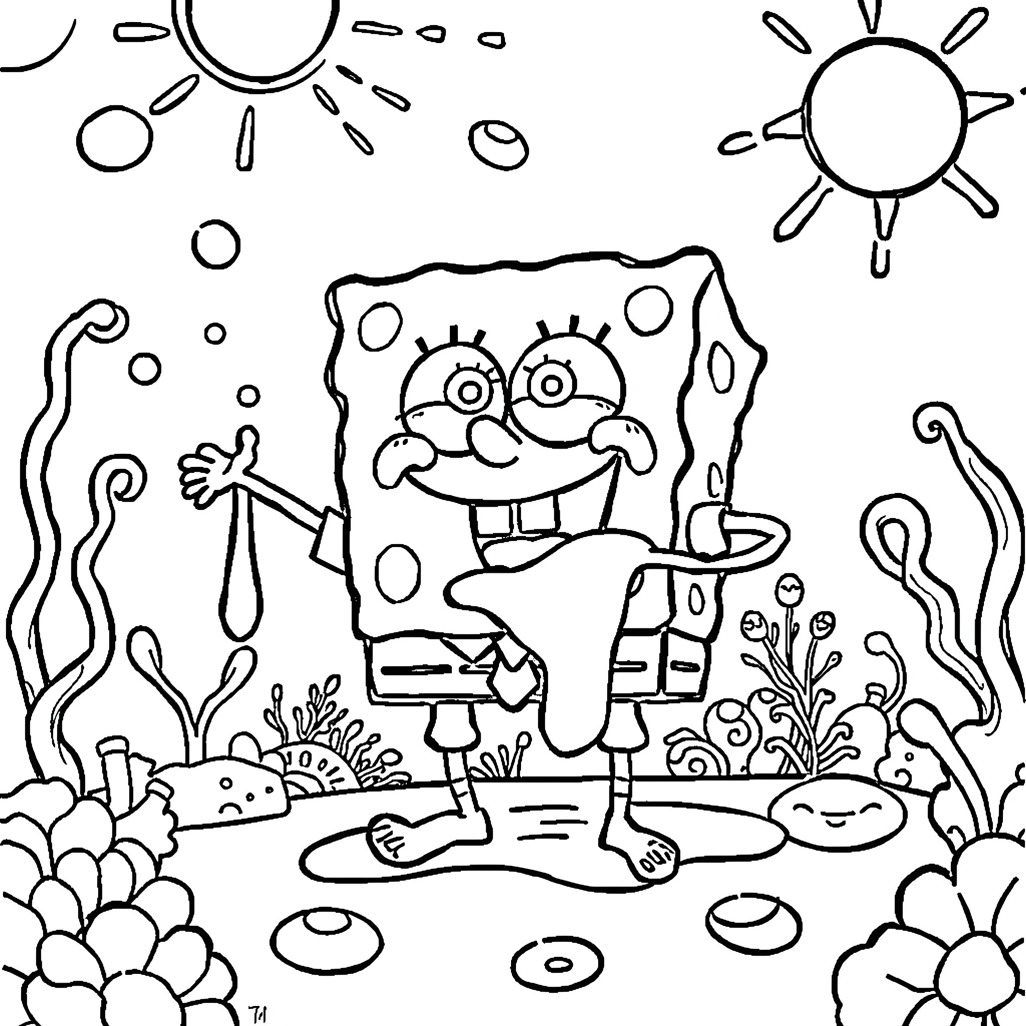 Spongebob enjoying a day at the beach Coloring Page (free black-and-white line drawing printable PDF for all, from beginners to advanced learners, including children, teens, adults, and seniors)