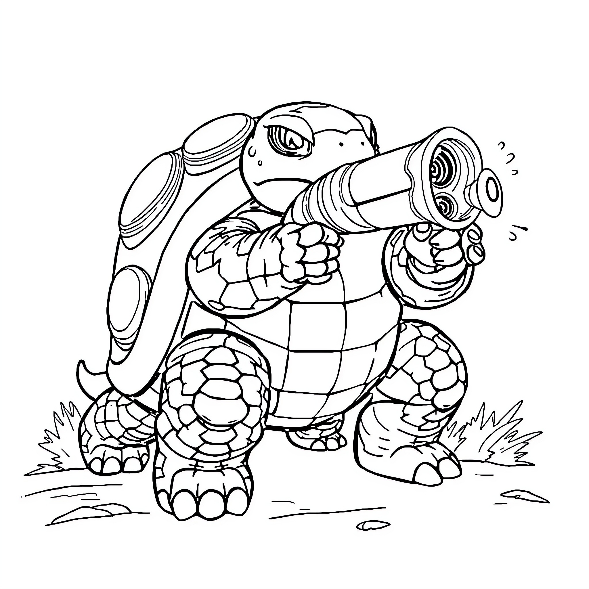 Blastoise battling with water cannon Coloring Page (free black-and-white line drawing printable PDF for all, from beginners to advanced learners, including children, teens, adults, and seniors)
