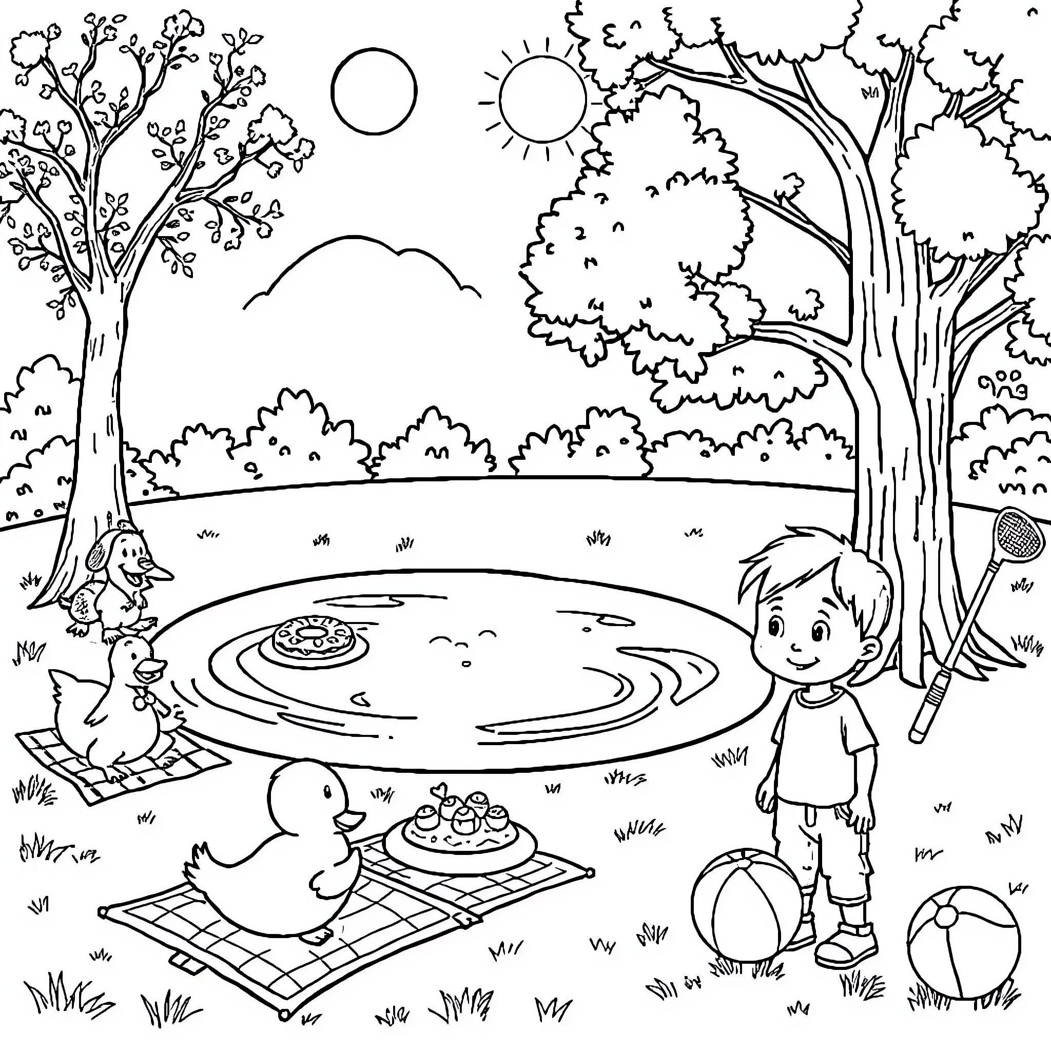 Park scene with children and ducks enjoying a sunny day Coloring Page (free black-and-white line drawing printable PDF for all, from beginners to advanced learners, including children, teens, adults, and seniors)